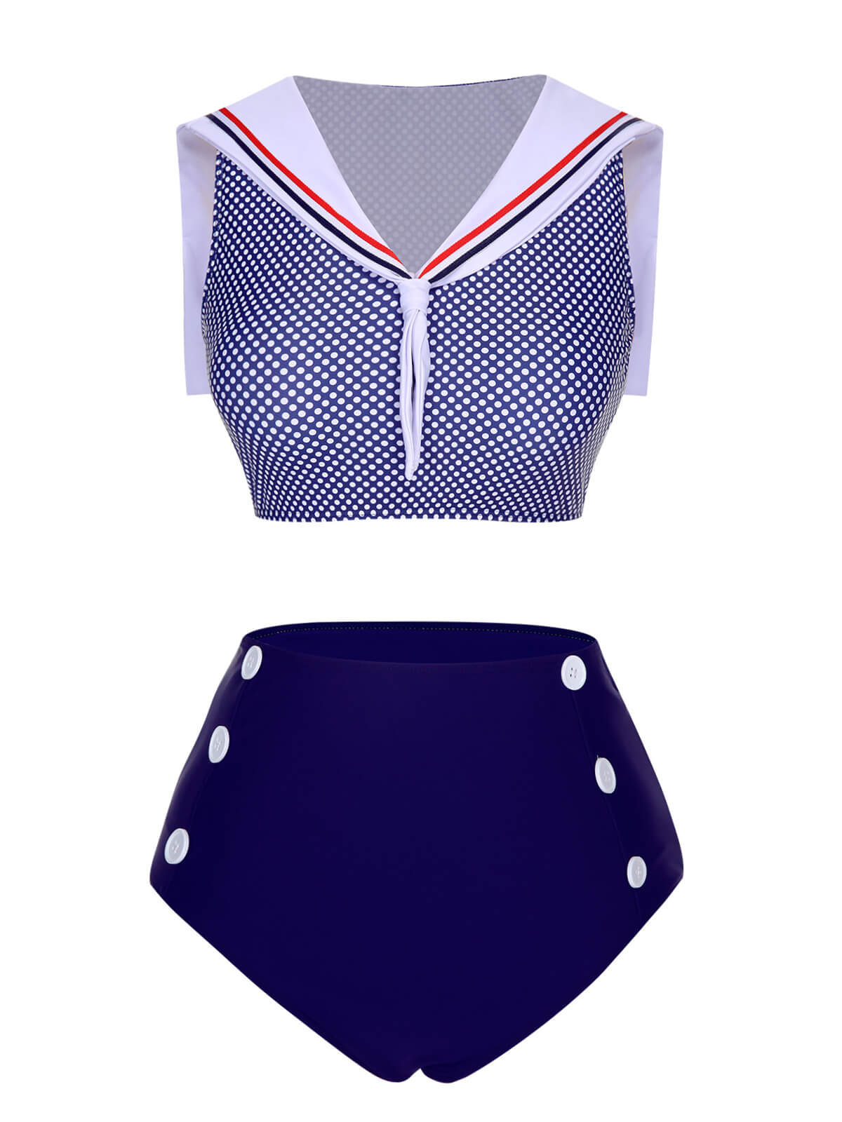 Dark Blue 1940s Dots Sailor Collar Swimsuit - Image 2