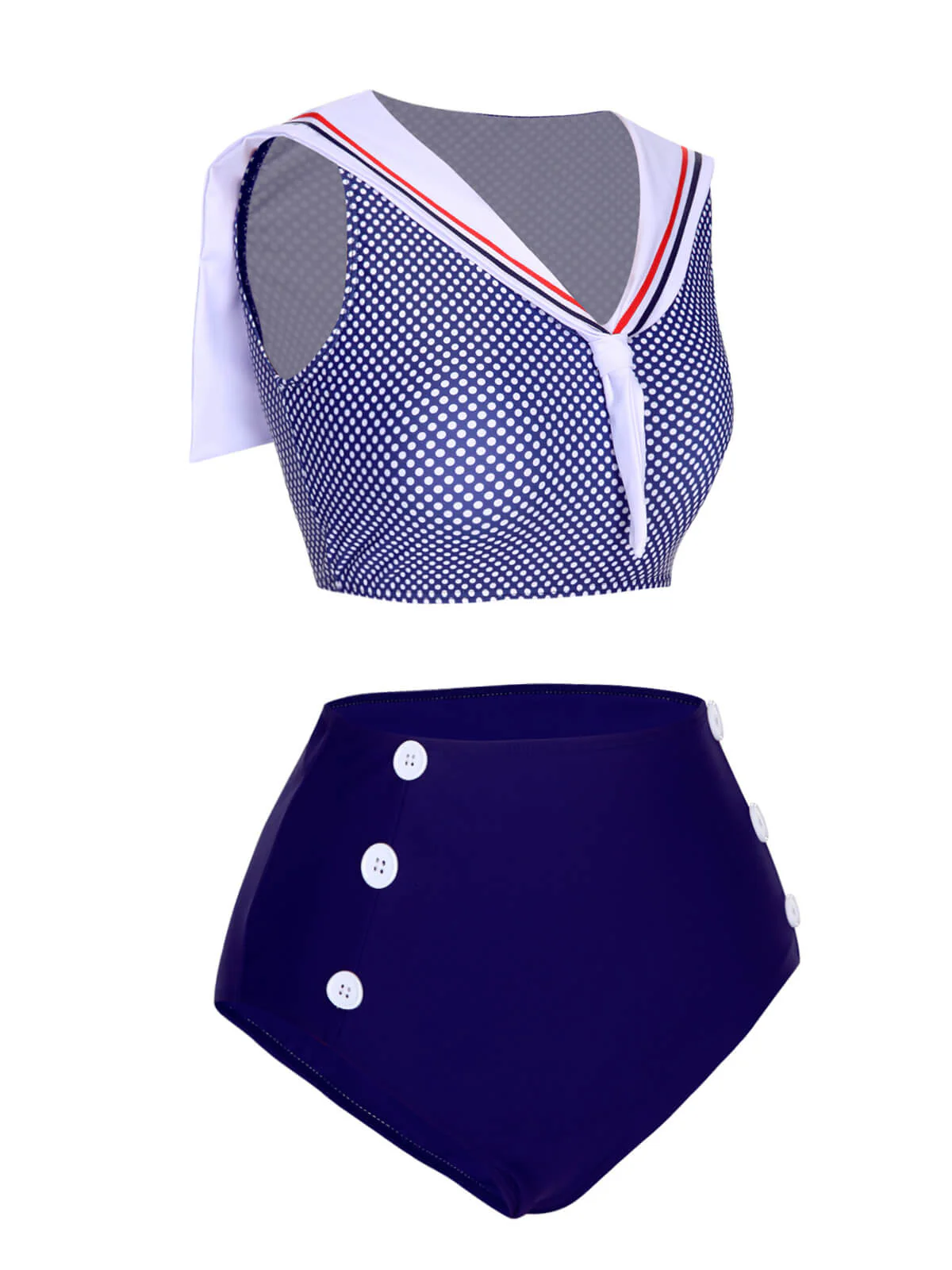 Dark Blue 1940s Dots Sailor Collar Swimsuit - Image 3
