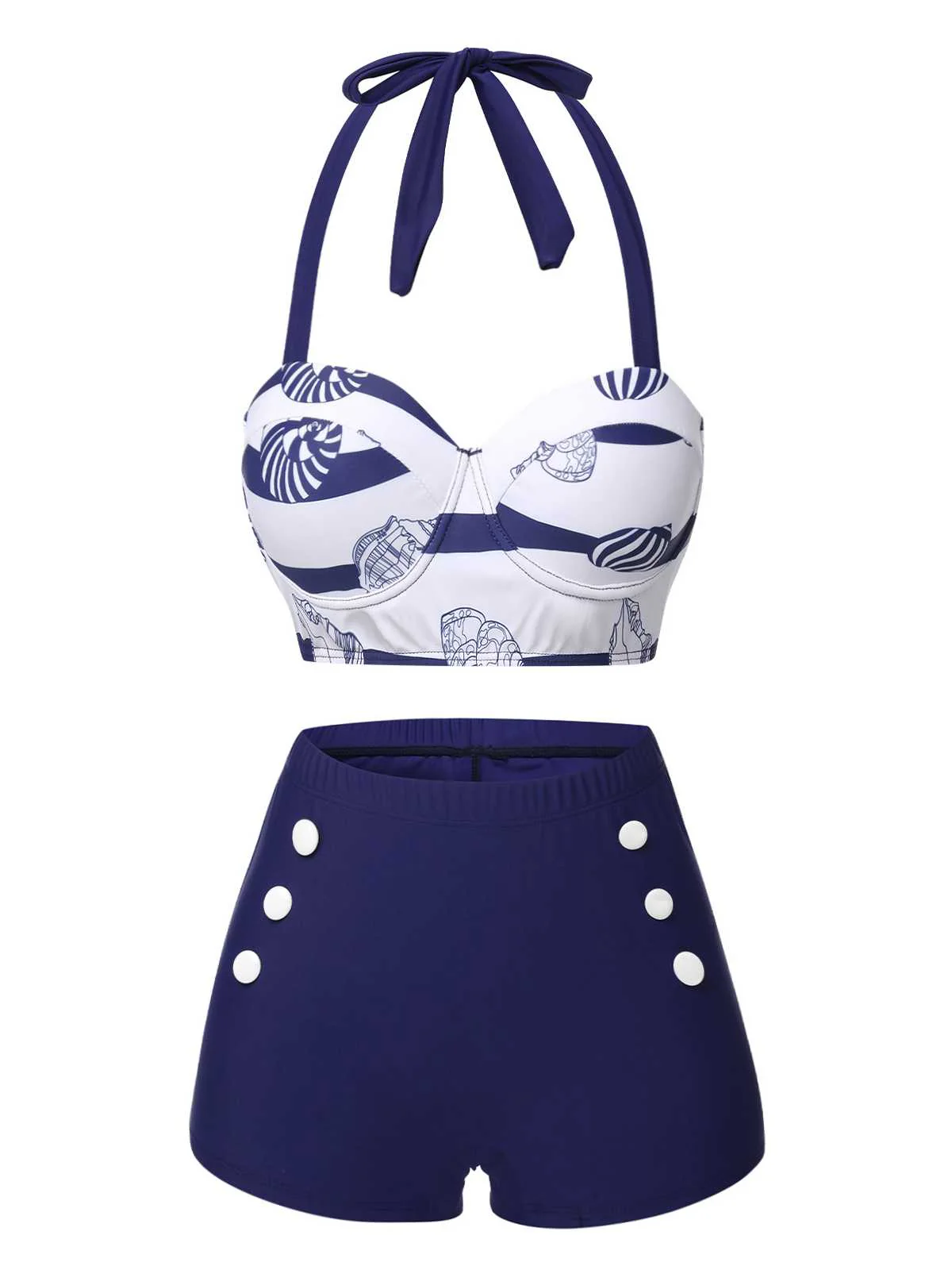 Dark Blue 1940s Halter Ocean Stripes Swimsuit - Image 2