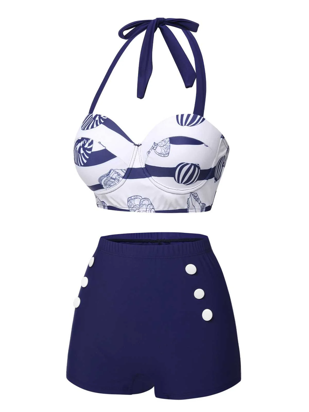 Dark Blue 1940s Halter Ocean Stripes Swimsuit - Image 3