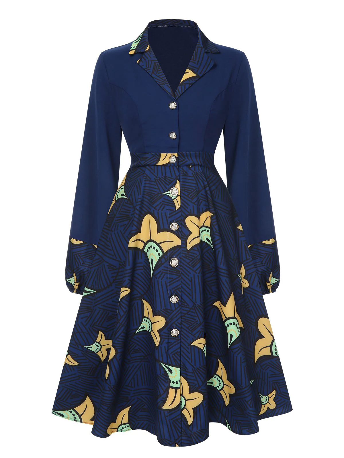 Dark Blue 1940s Lapel Cartoon Floral Dress - Image 2
