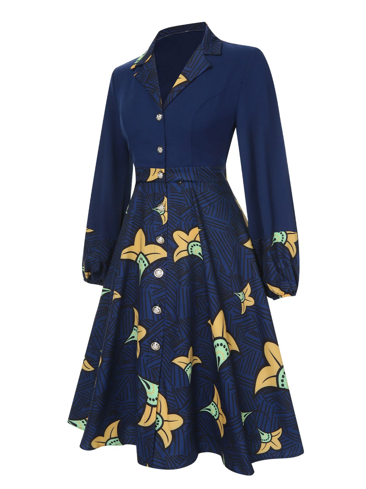 Dark Blue 1940s Lapel Cartoon Floral Dress - Image 3