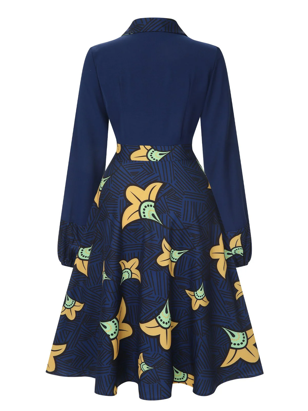 Dark Blue 1940s Lapel Cartoon Floral Dress - Image 4