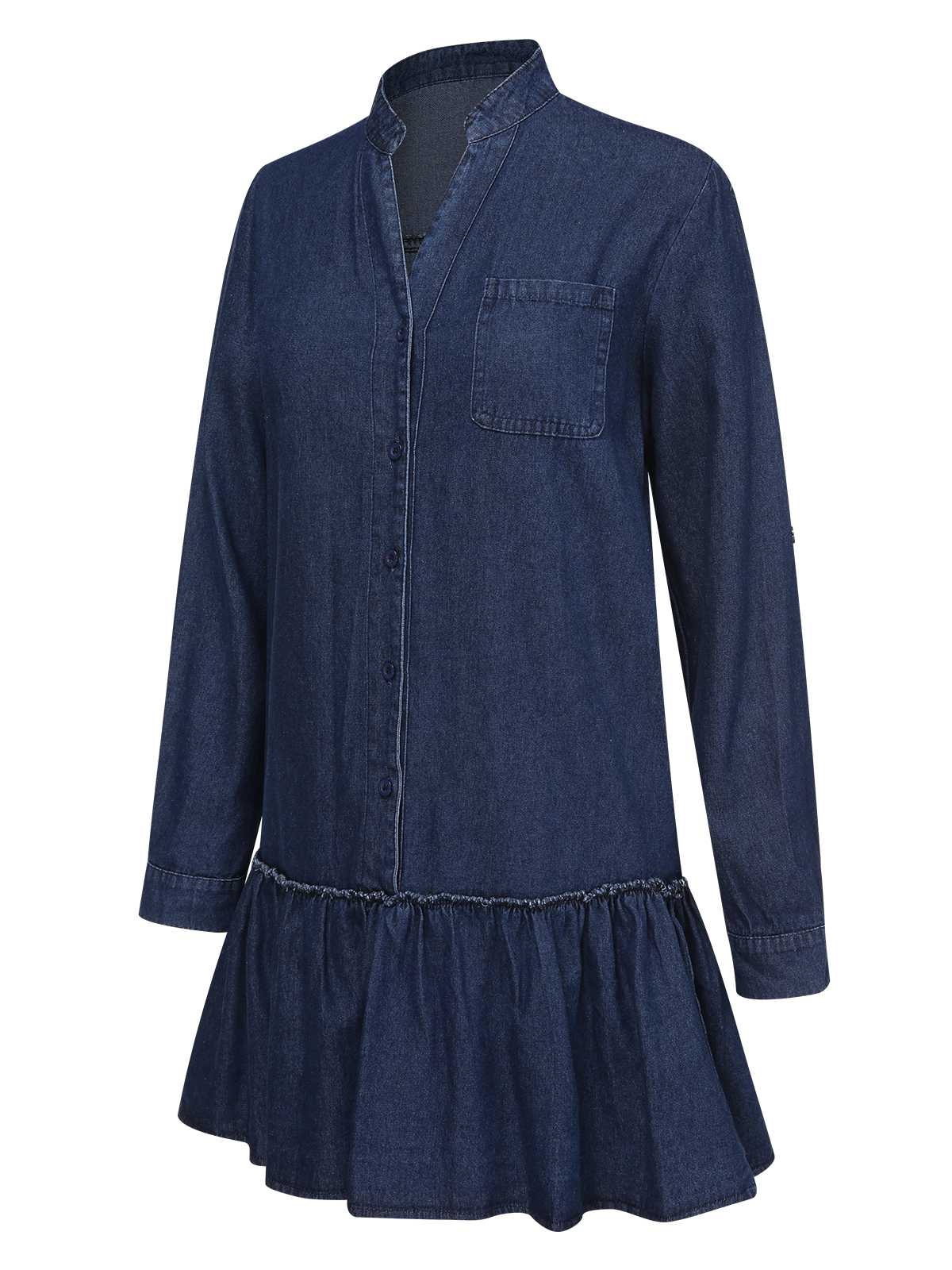 Dark Blue 1940s Stand Collar Ruffle Hem Denim Dress - Image 2