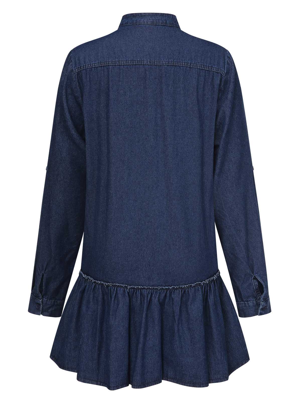 Dark Blue 1940s Stand Collar Ruffle Hem Denim Dress - Image 3