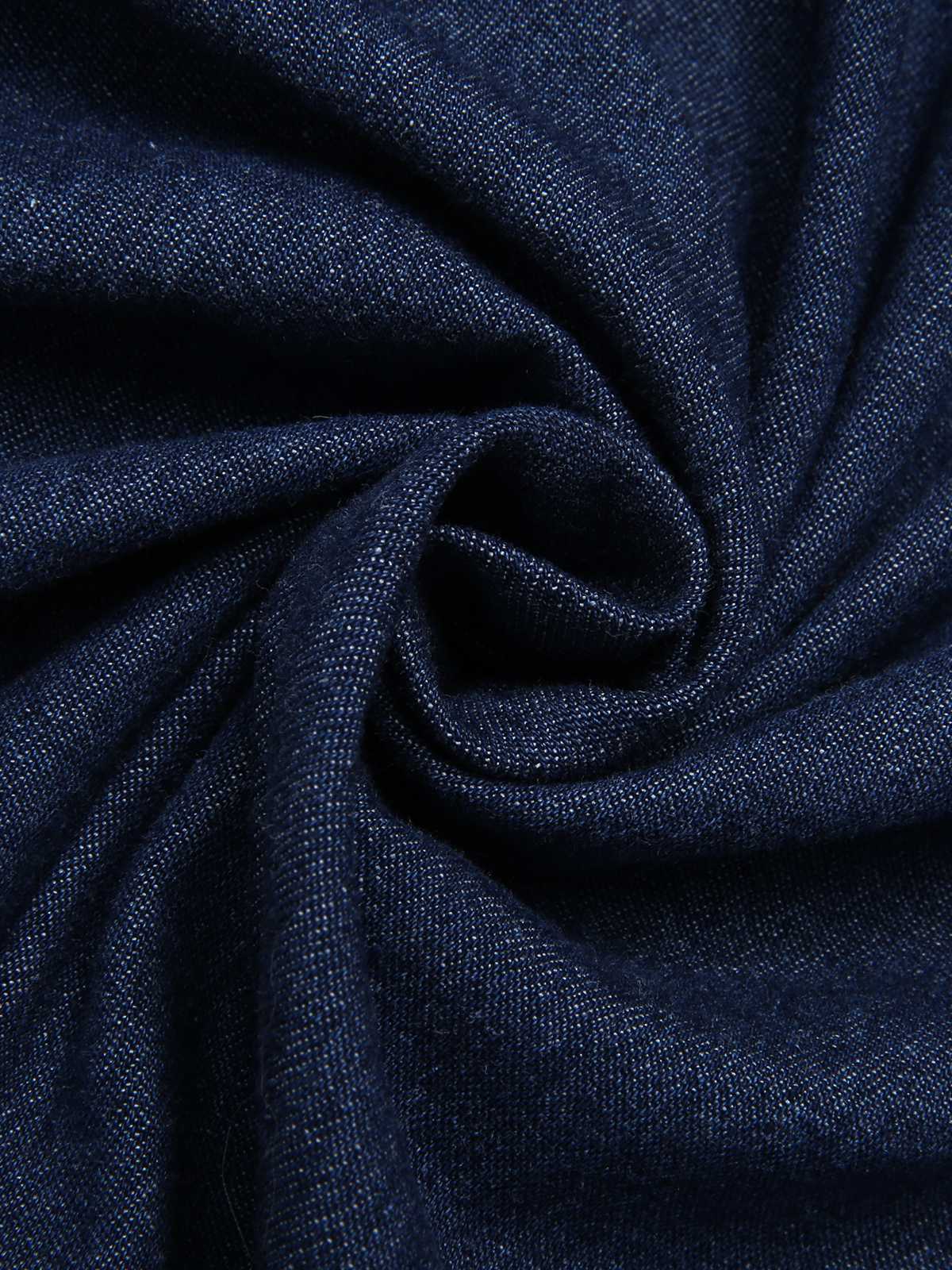Dark Blue 1940s Stand Collar Ruffle Hem Denim Dress - Image 4