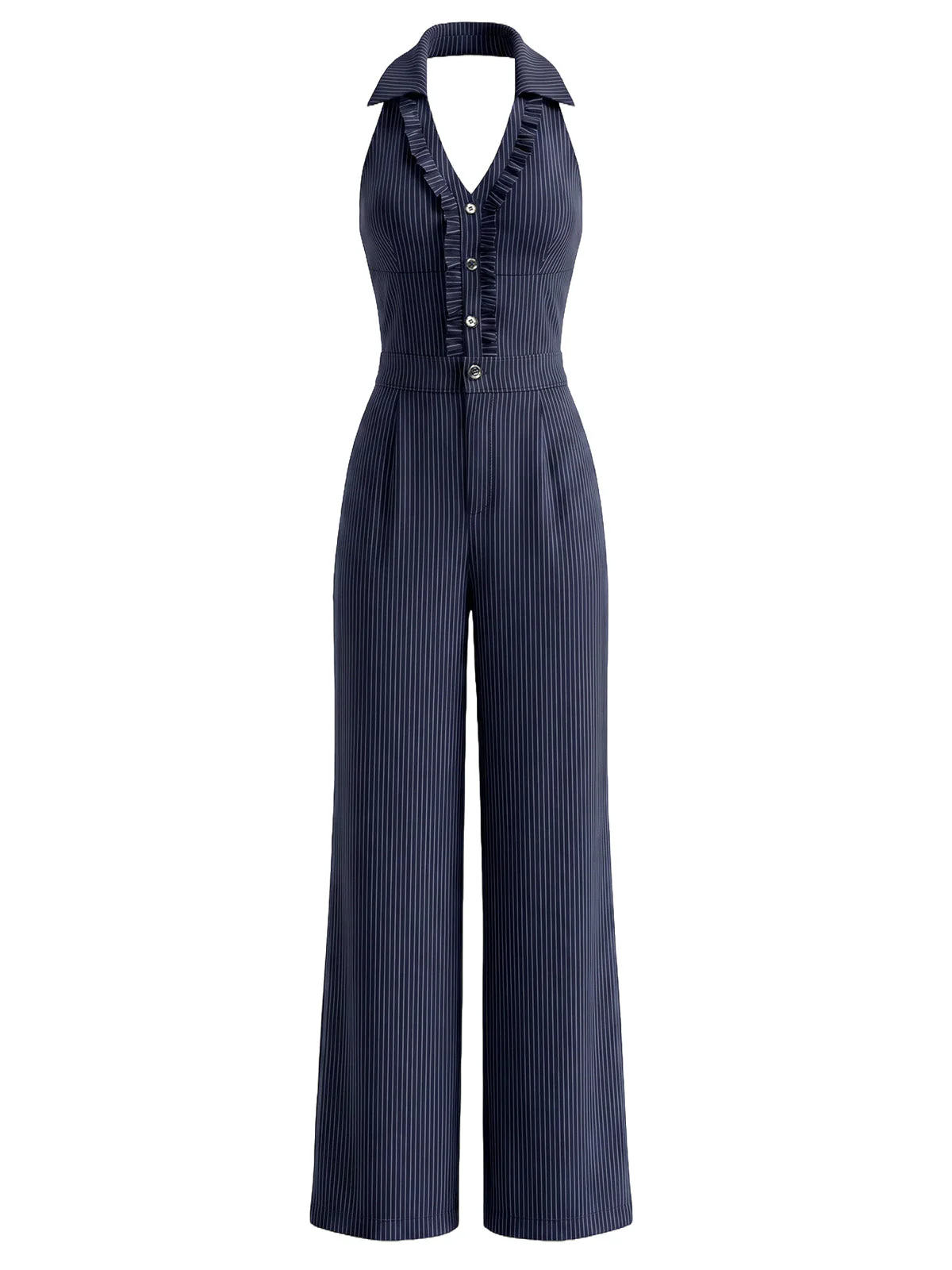 [Pre-Sale] Dark Blue 1940s Stripe Ruffle Halter Pocket Jumpsuit - Image 2