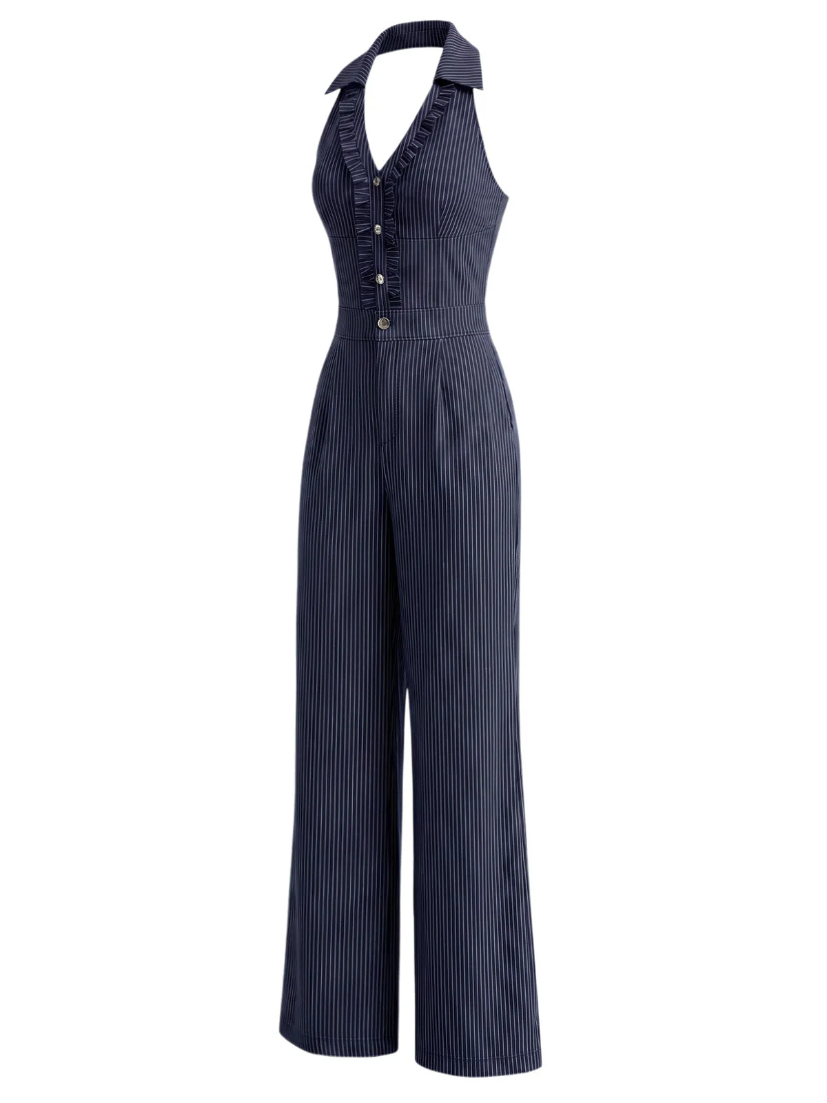 [Pre-Sale] Dark Blue 1940s Stripe Ruffle Halter Pocket Jumpsuit - Image 3