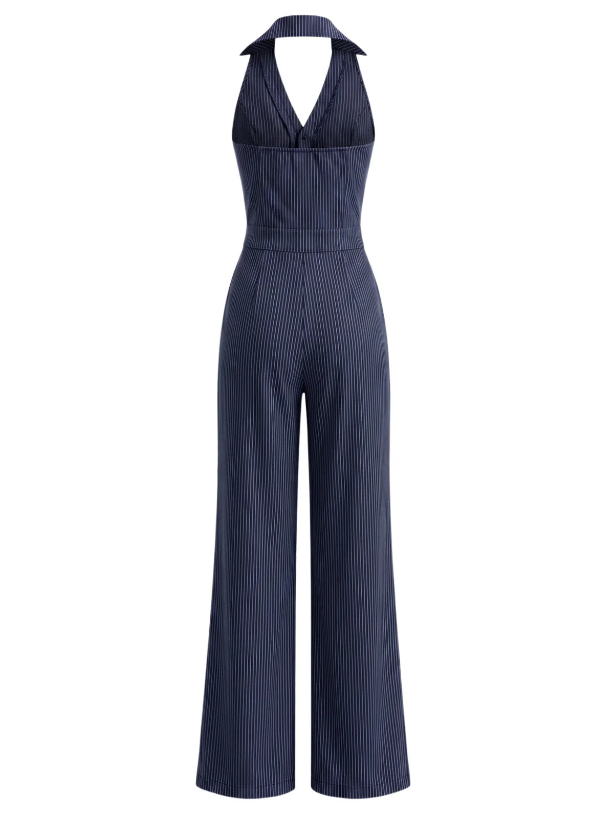 [Pre-Sale] Dark Blue 1940s Stripe Ruffle Halter Pocket Jumpsuit - Image 4