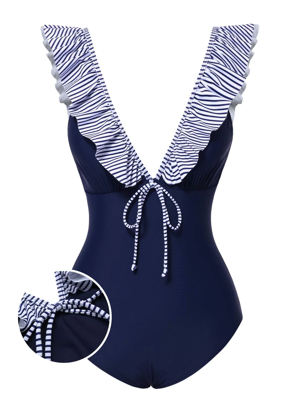 Dark Blue 1940s Striped Ruffled Swimsuit - Image 2