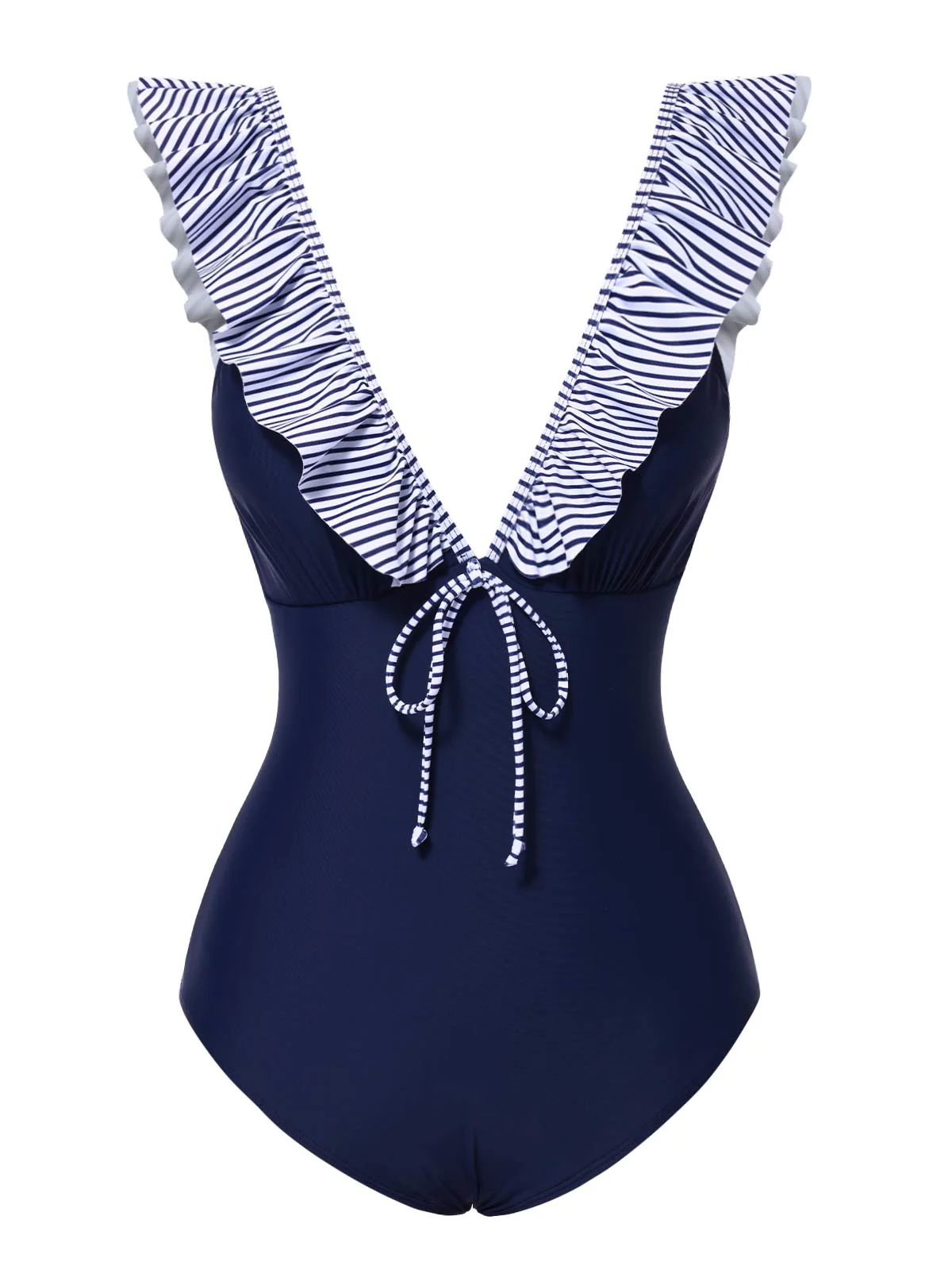 Dark Blue 1940s Striped Ruffled Swimsuit - Image 3