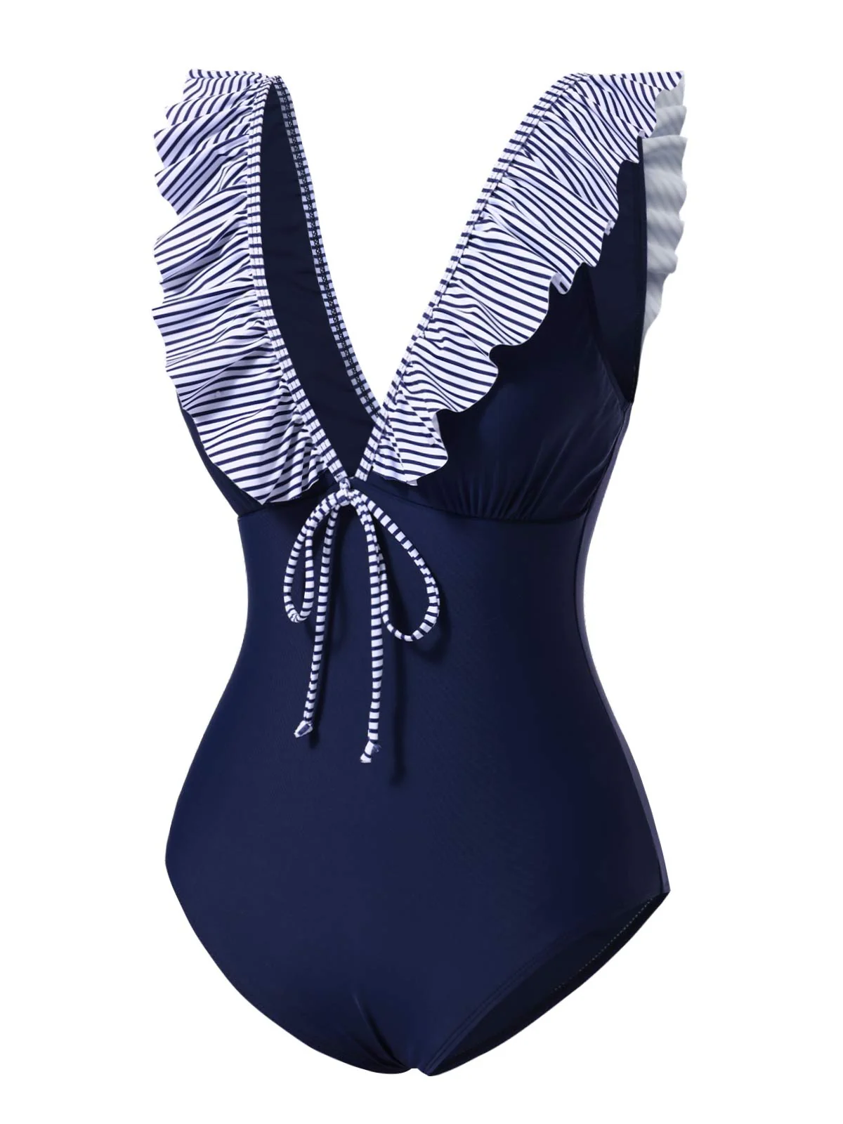 Dark Blue 1940s Striped Ruffled Swimsuit - Image 4