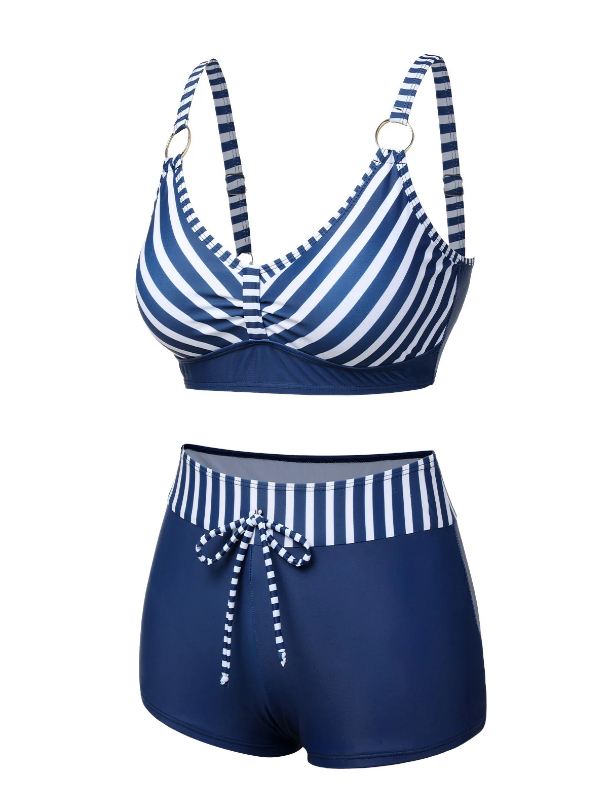 Dark Blue 1940s Stripes Strap Drawstring Swimsuit - Image 2