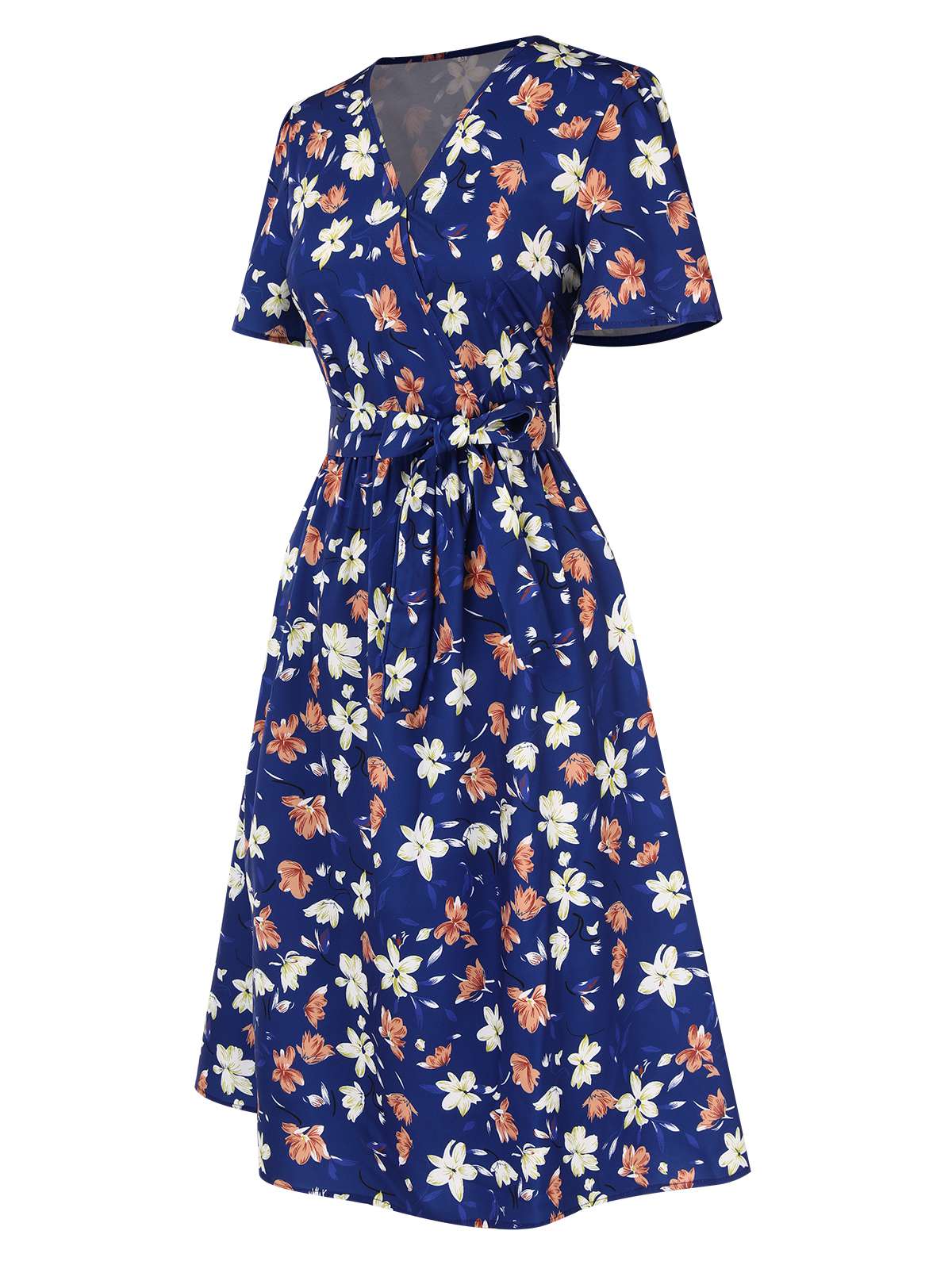 Dark Blue 1940s V-Neck Floral Dress - Image 2