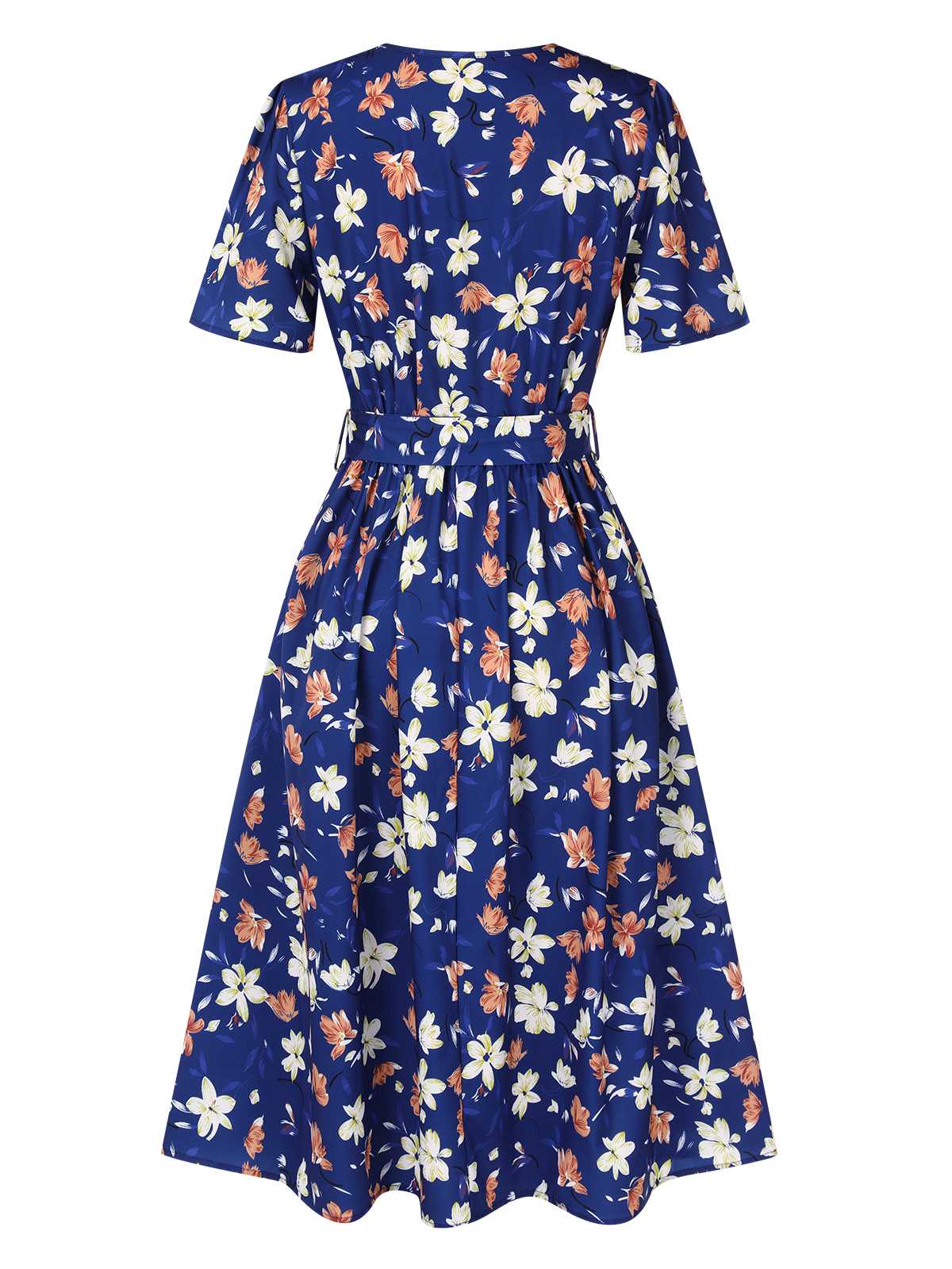 Dark Blue 1940s V-Neck Floral Dress - Image 3