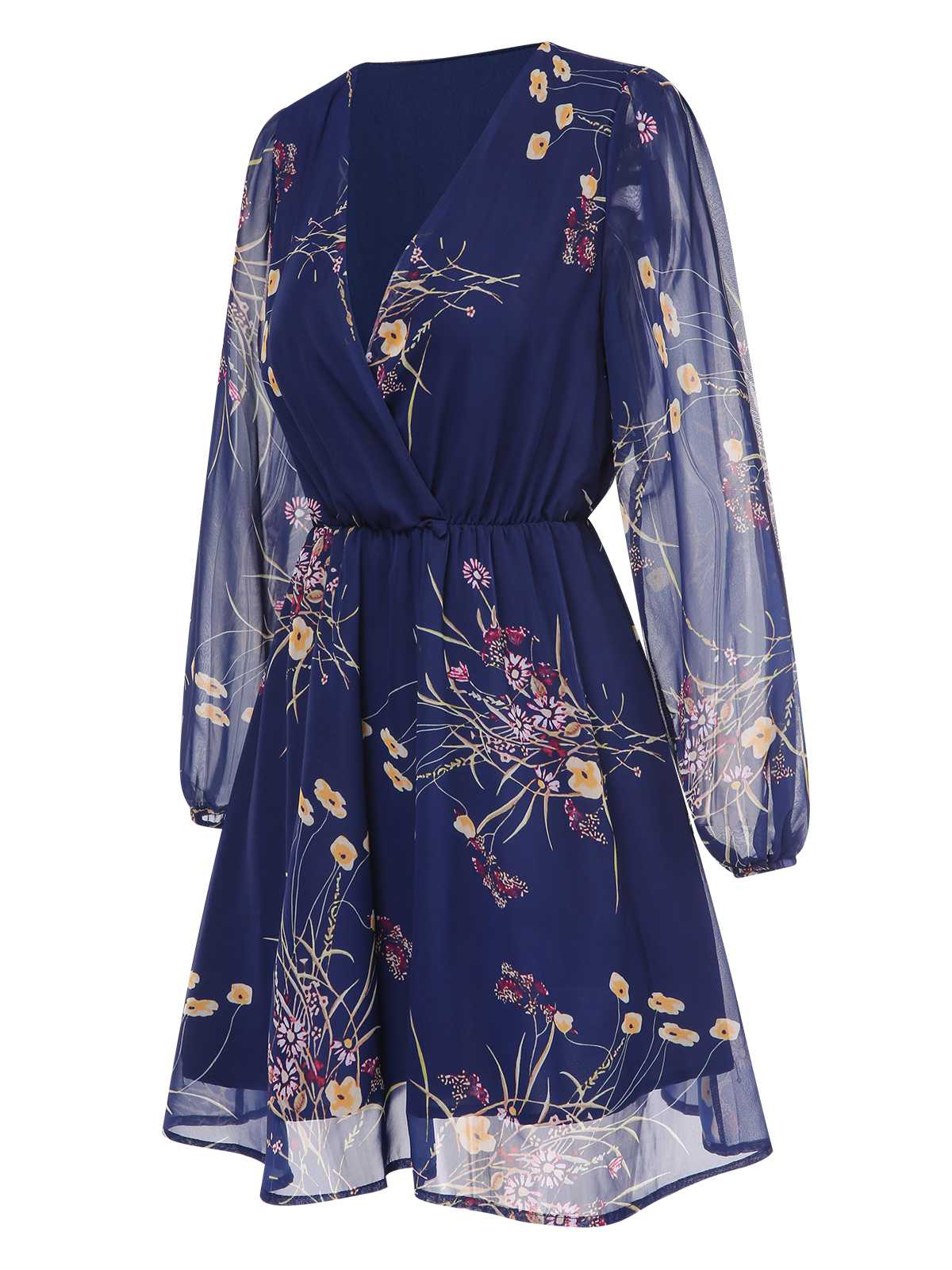Dark Blue 1940s V-Neck Floral Puff Sleeve Dress - Image 2