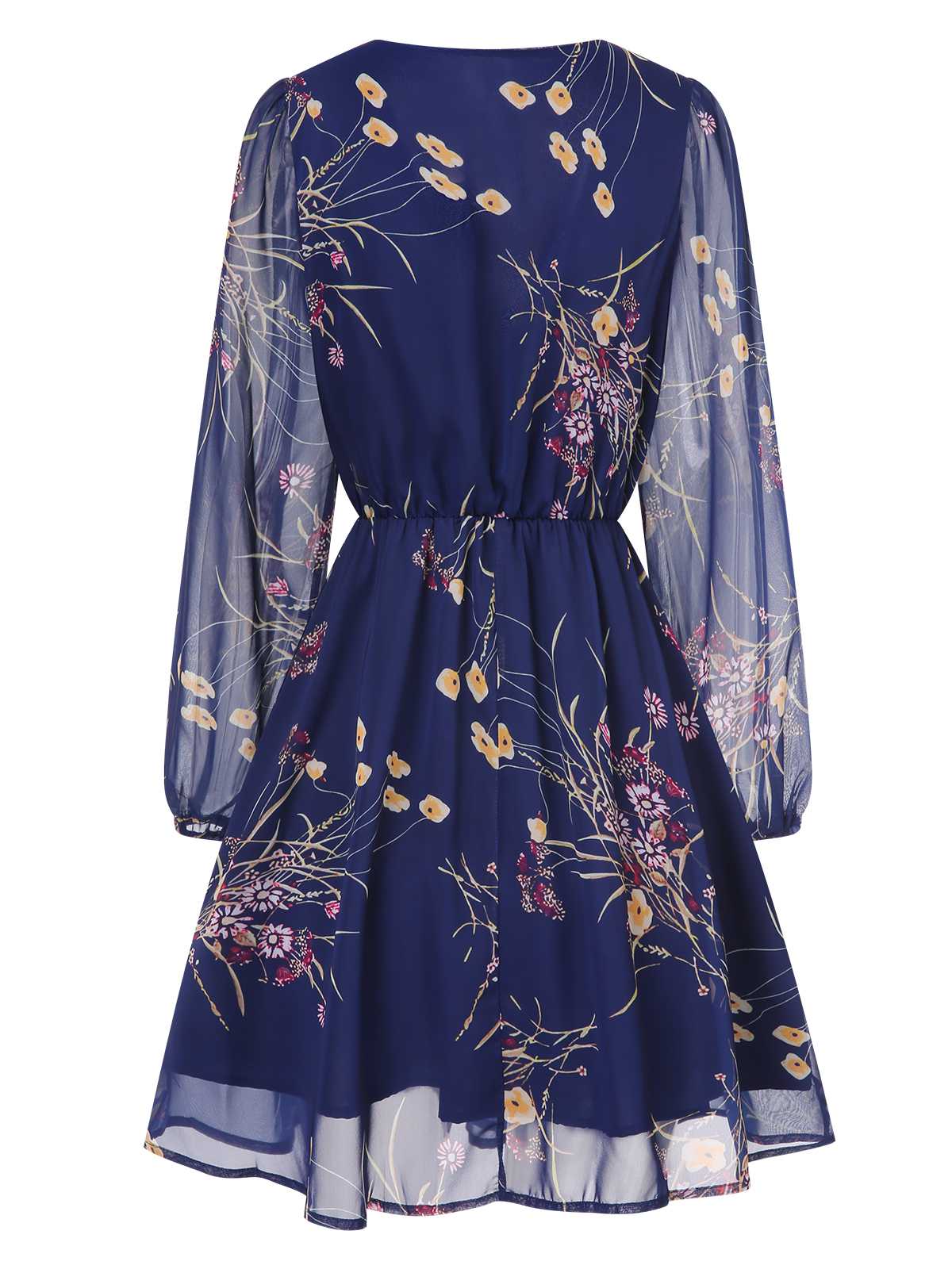 Dark Blue 1940s V-Neck Floral Puff Sleeve Dress - Image 3