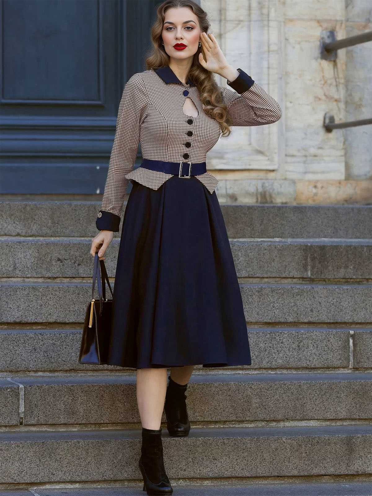 Dark Blue 1950s Houndstooth Patchwork Belted Dress - Image 7