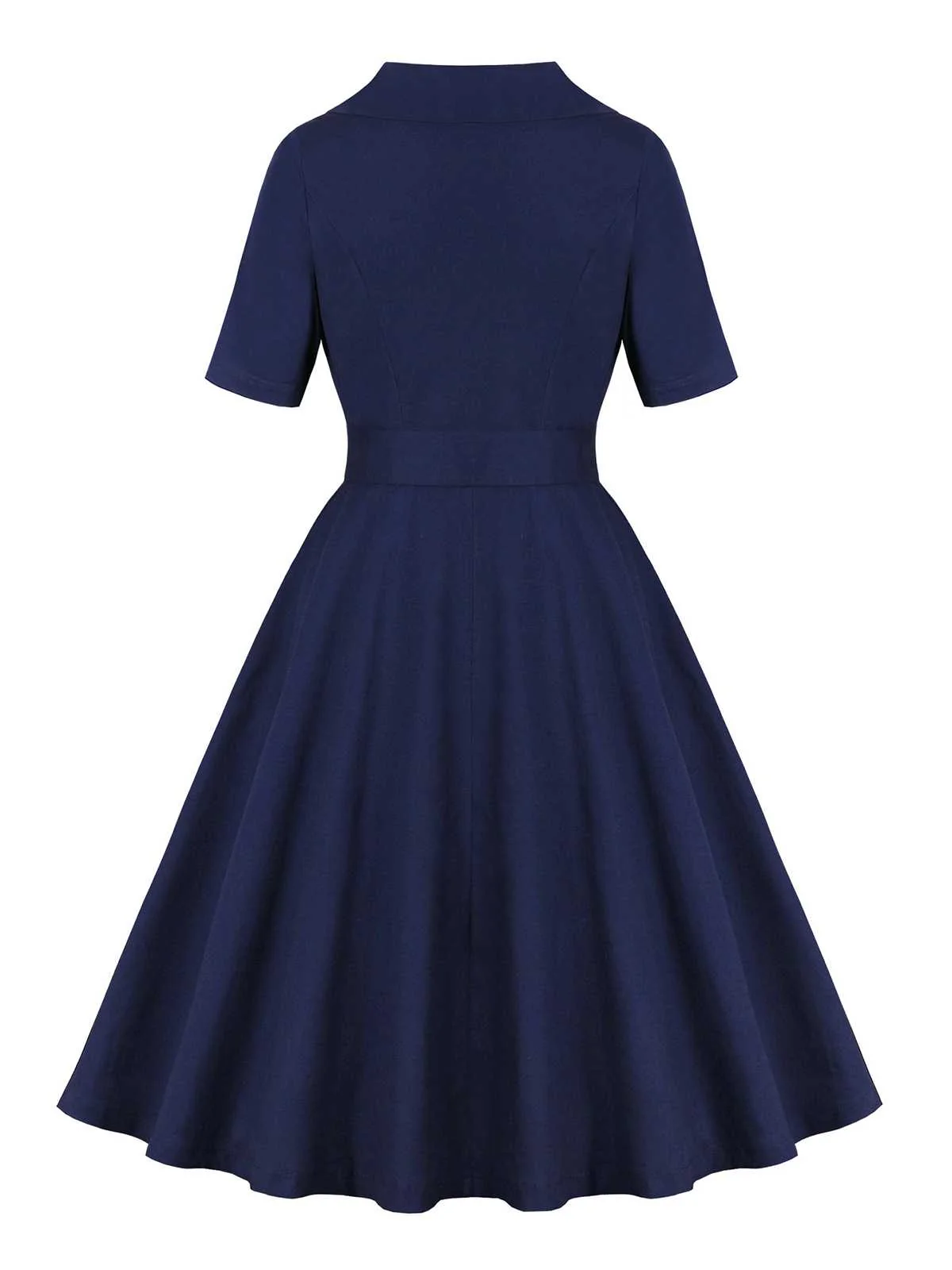 Dark Blue 1950s Peter Pan Collar Belted Dress - Image 2