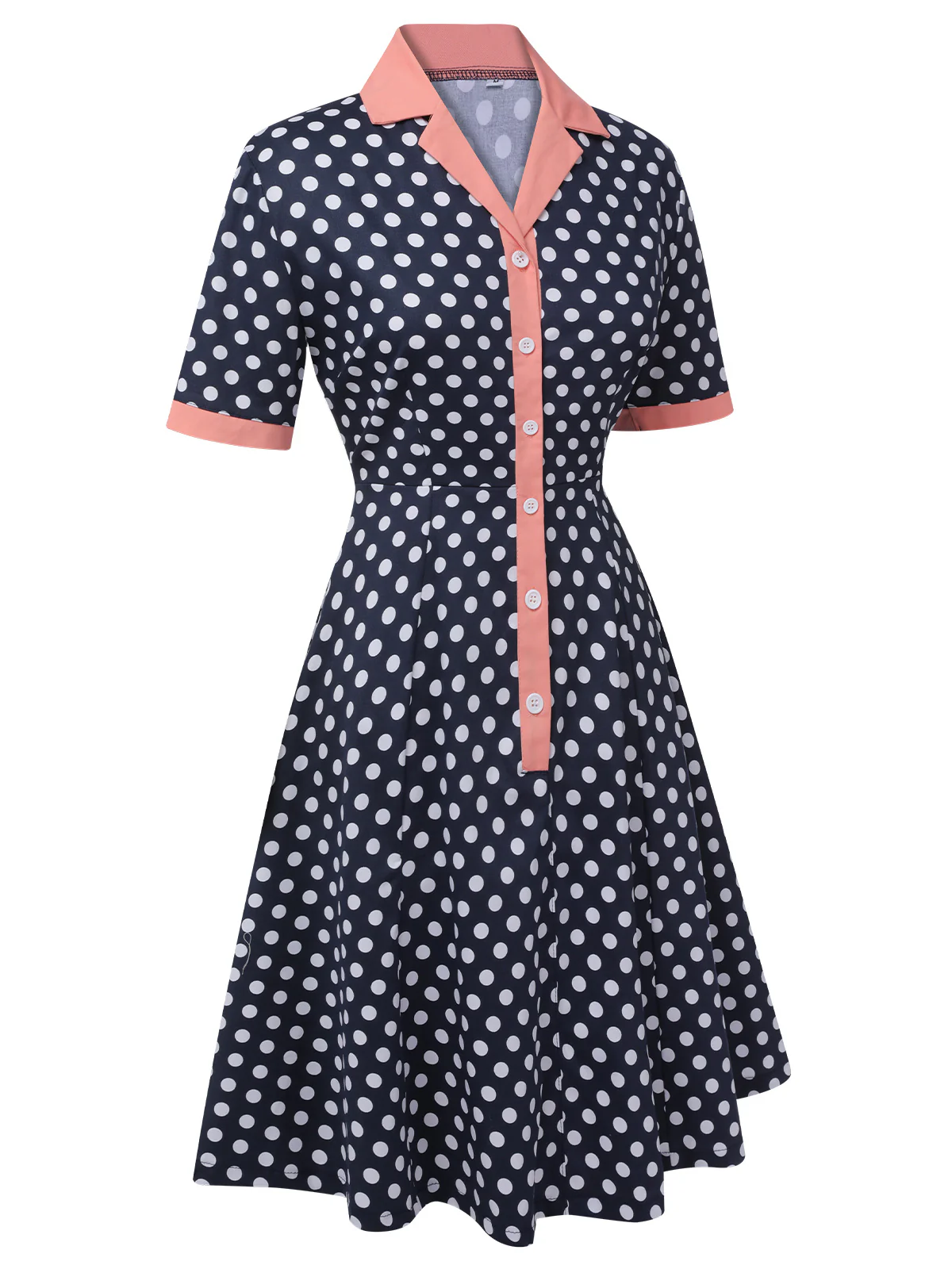 Dark Blue 1950s Polka Dot Lapel Dress - Image 2