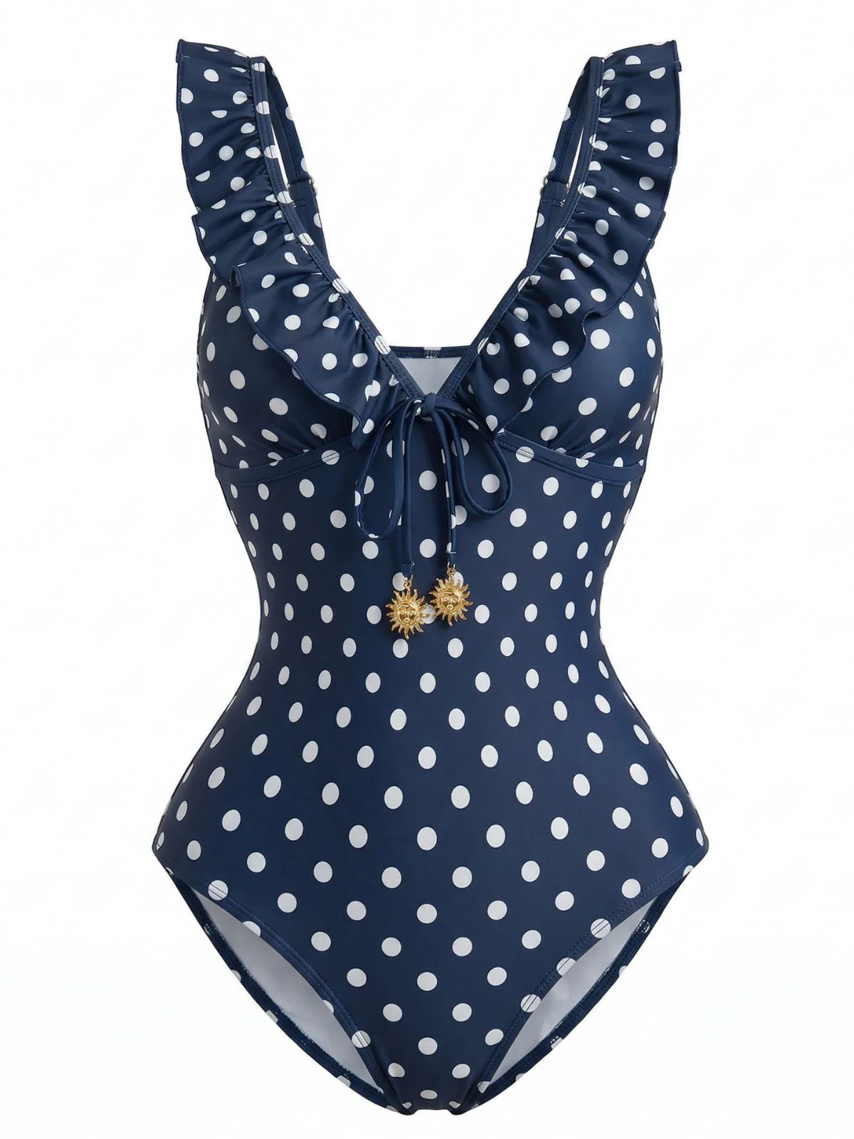 Dark Blue 1950s Polka Dot Ruffled V-Neck One-Piece Swimsuit - Image 3