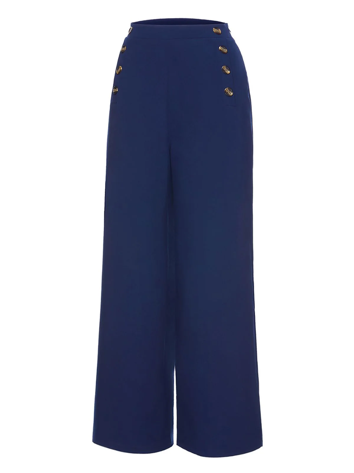 Dark Blue 1950s Solid Button Wide-leg Pants - Image 2