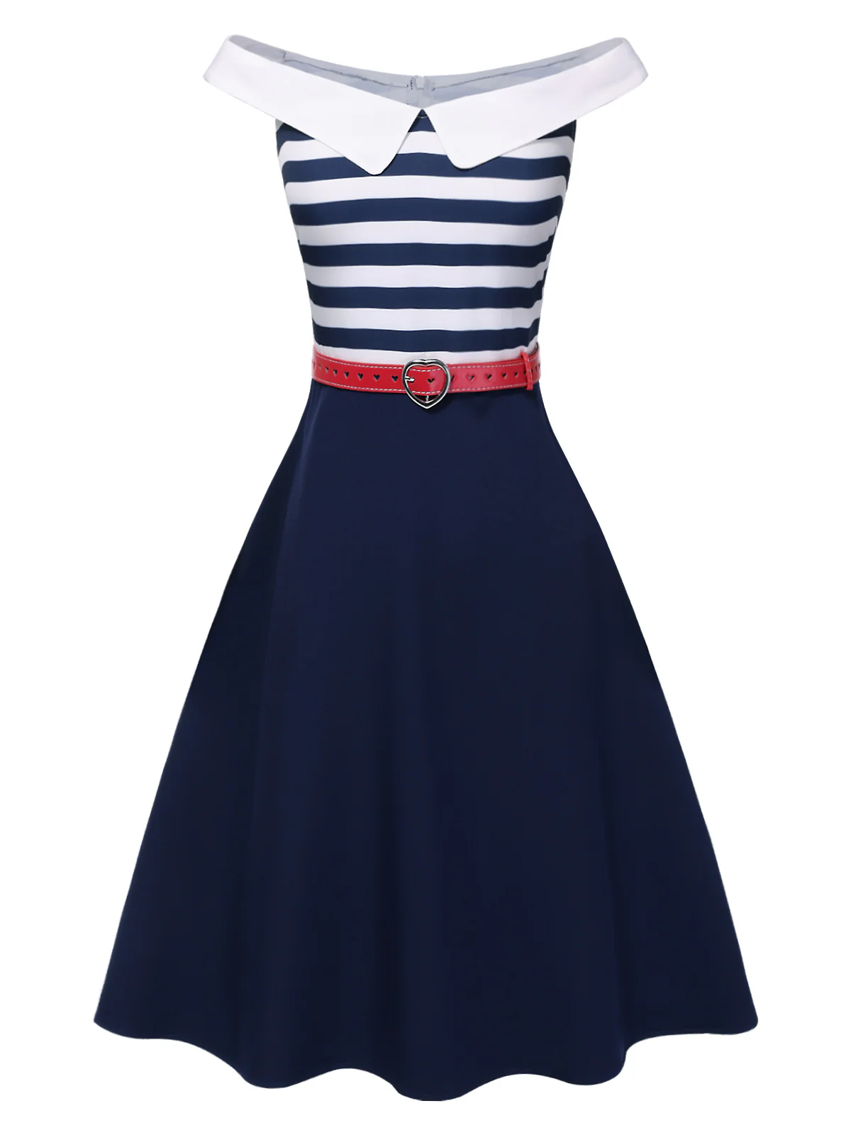 Dark Blue 1950s Striped Off-Shoulder Dress - Image 2