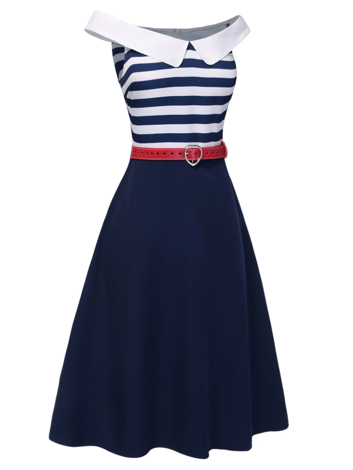 Dark Blue 1950s Striped Off-Shoulder Dress - Image 3