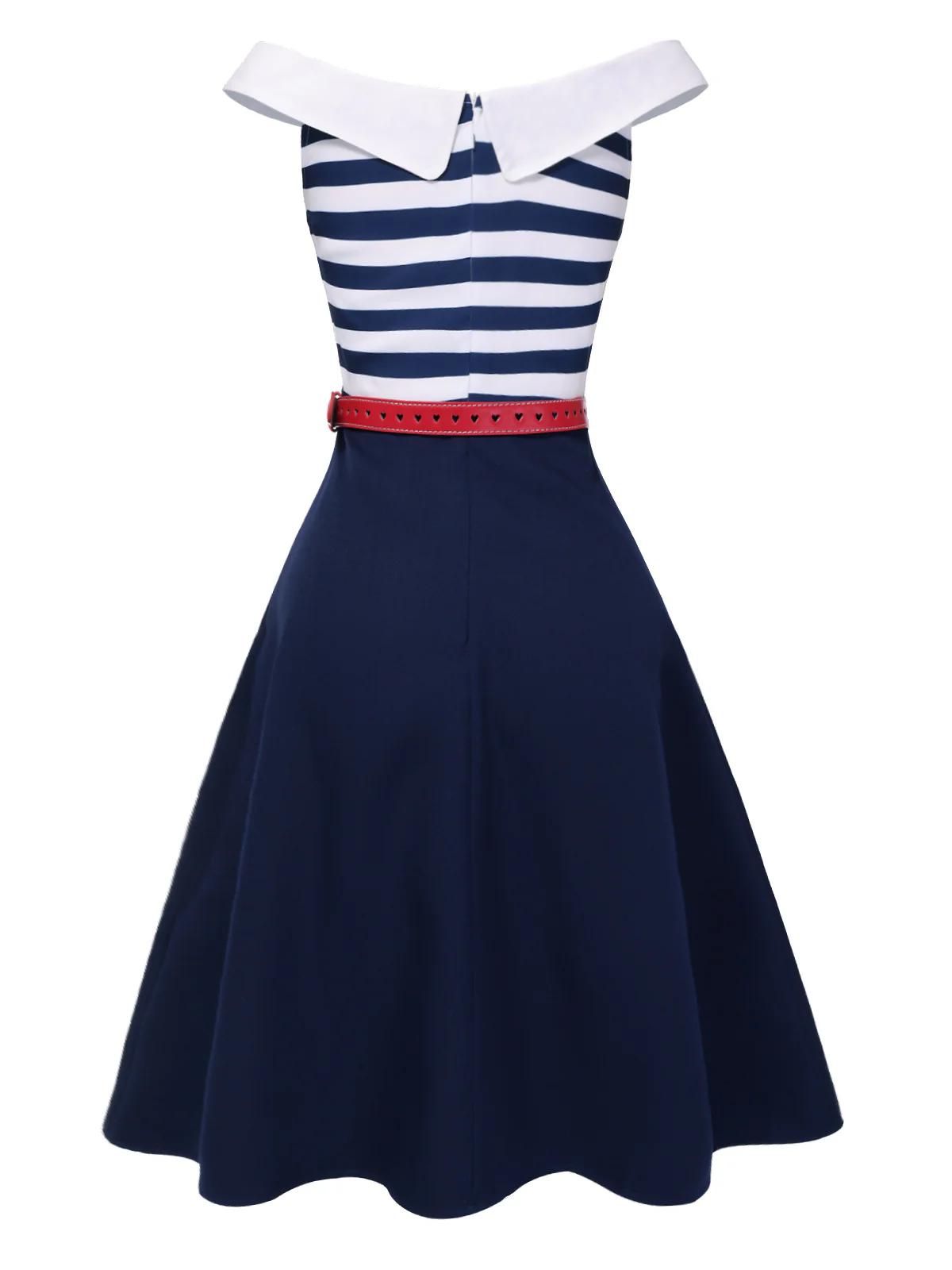 Dark Blue 1950s Striped Off-Shoulder Dress - Image 4