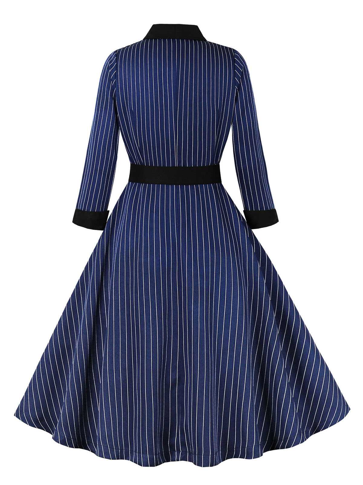 Dark Blue 1950s Striped Patchwork Belted Dress - Image 2