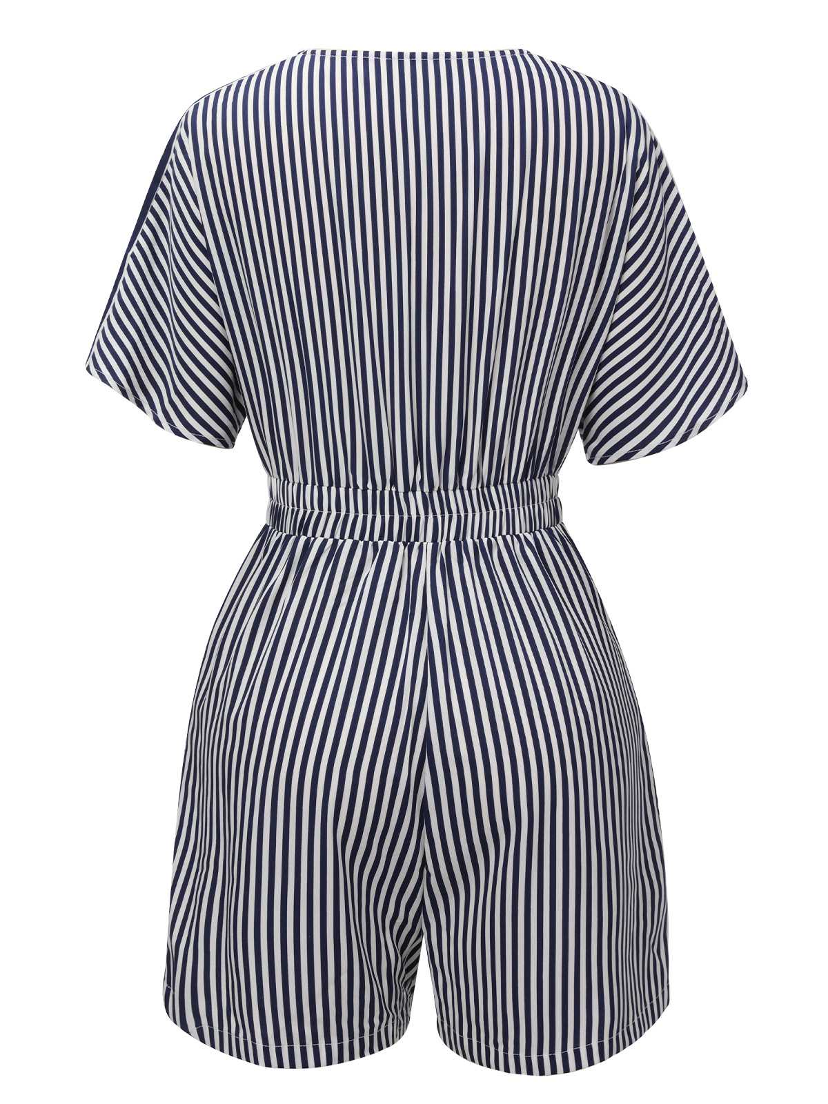Dark Blue 1950s V-Neck Pockets Stripes Romper - Image 3