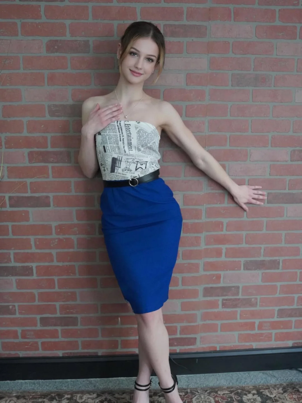 Dark Blue 1960s Bandeau Newspaper Belted Pencil Dress - Image 3