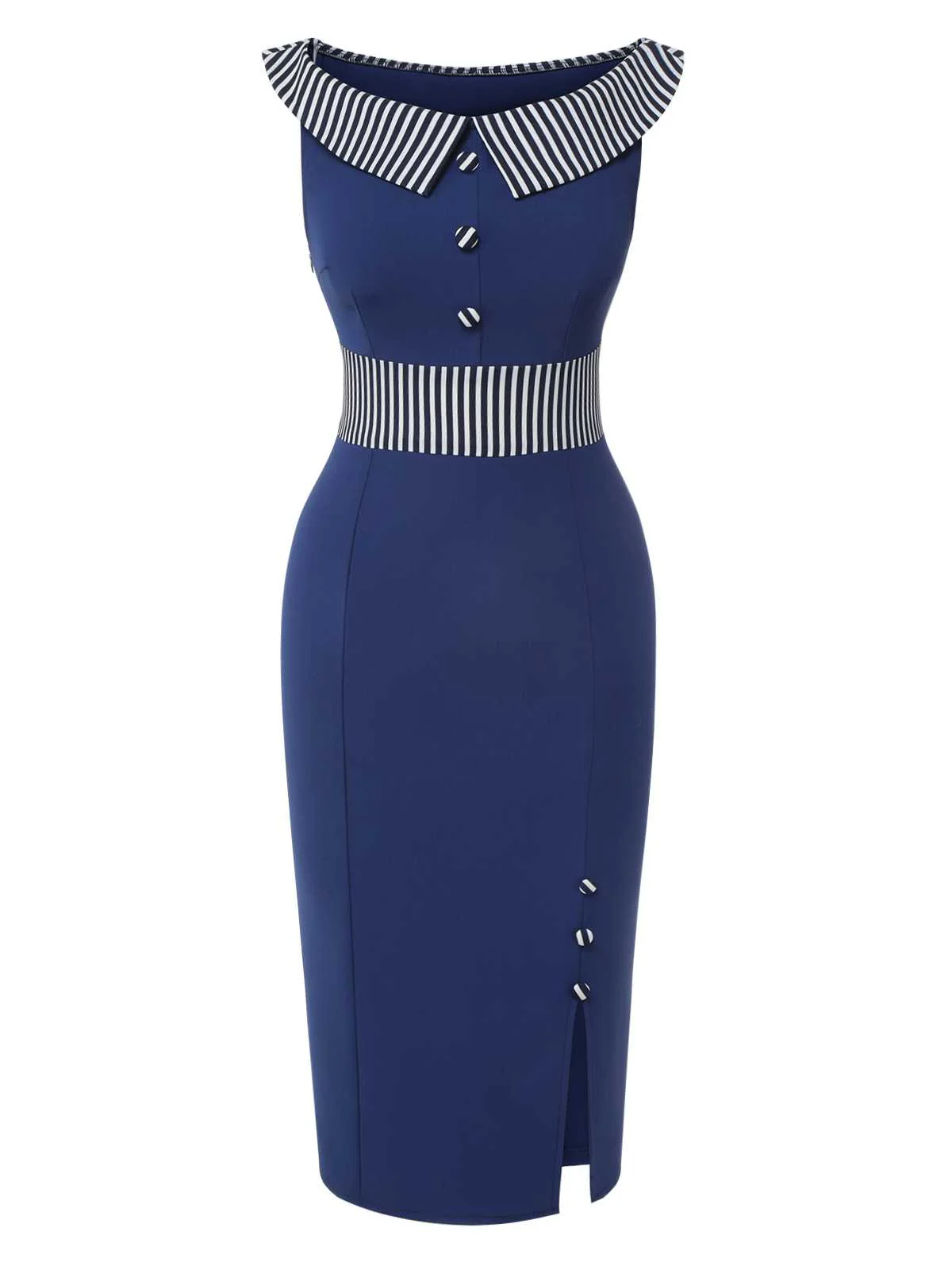 Dark Blue 1960s Buttoned Stripes Dress - Image 2