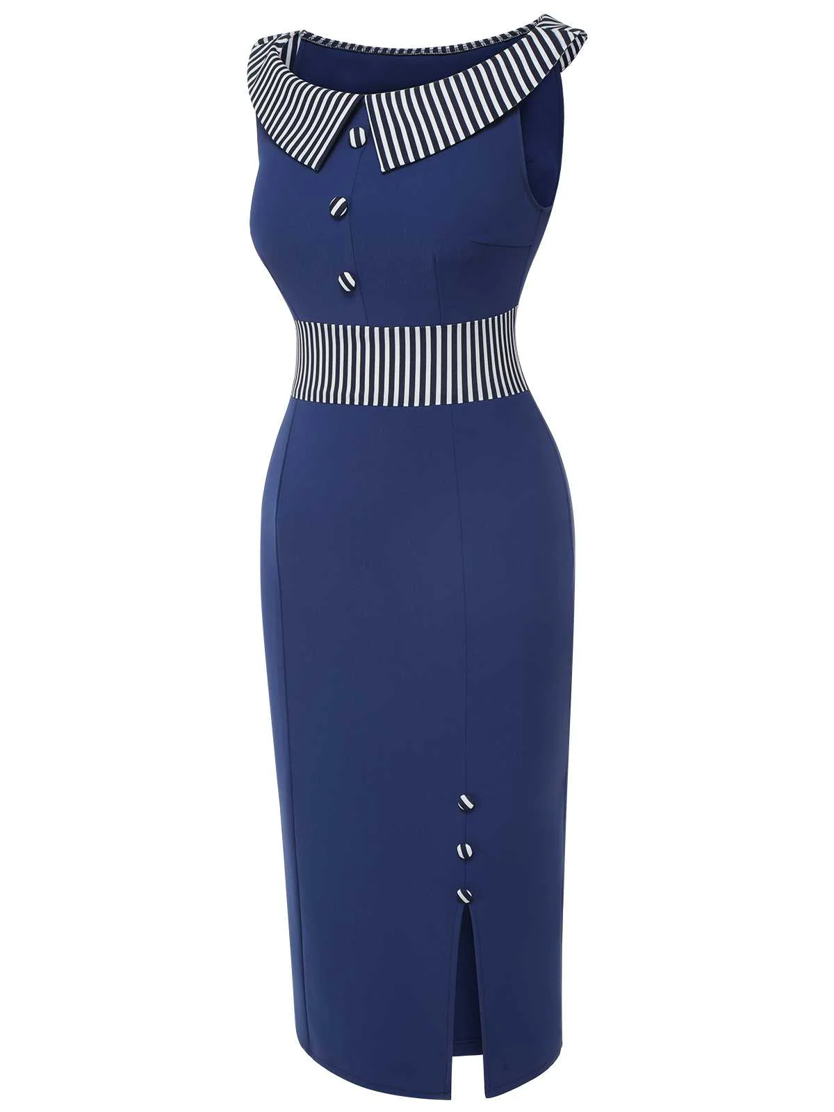 Dark Blue 1960s Buttoned Stripes Dress - Image 3