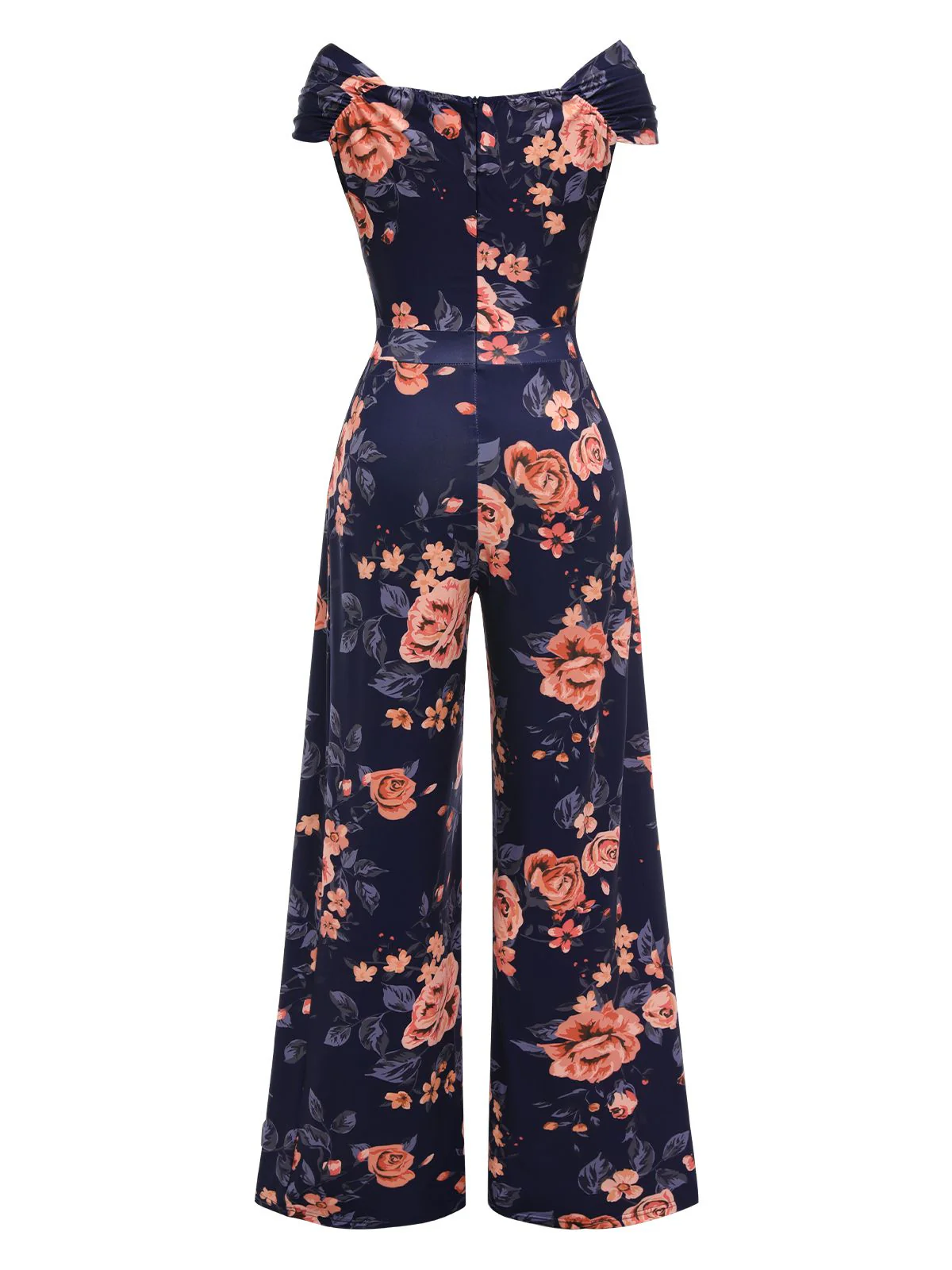 Dark Blue 1960s Off-Shoulder Floral Jumpsuit - Image 2