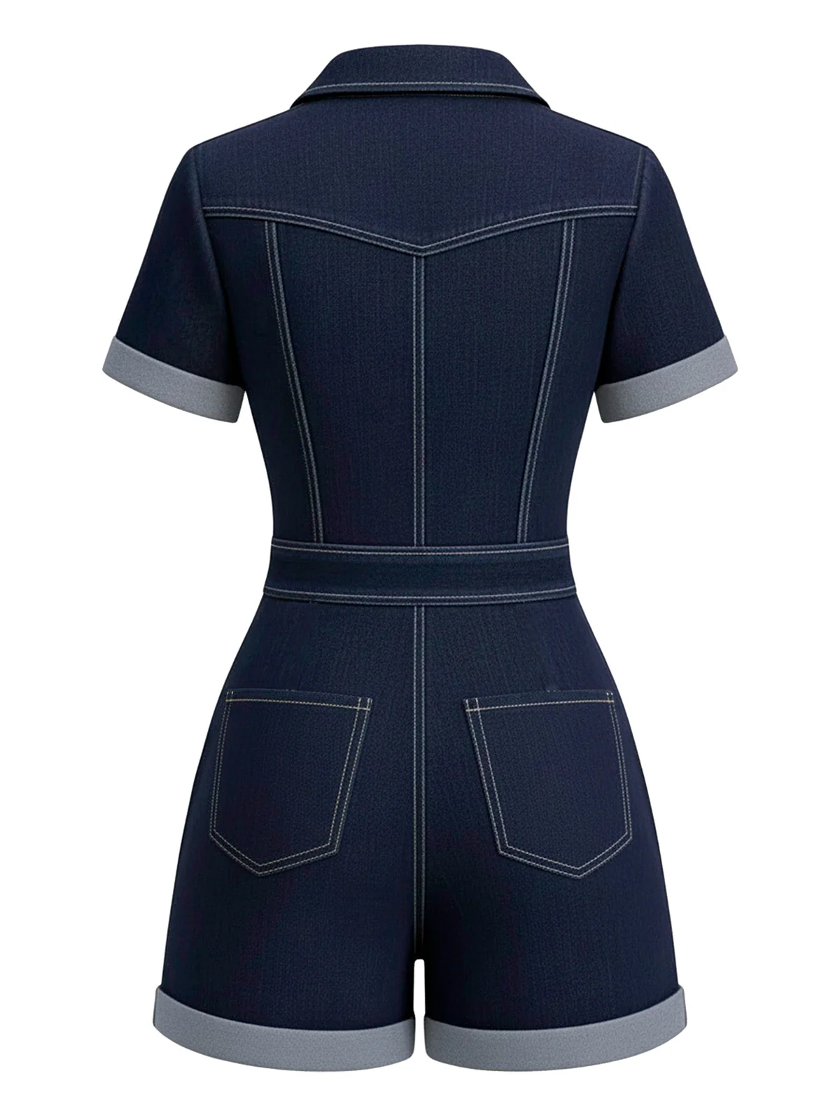 Dark Blue 1960s Shirt Collar Denim Romper - Image 2