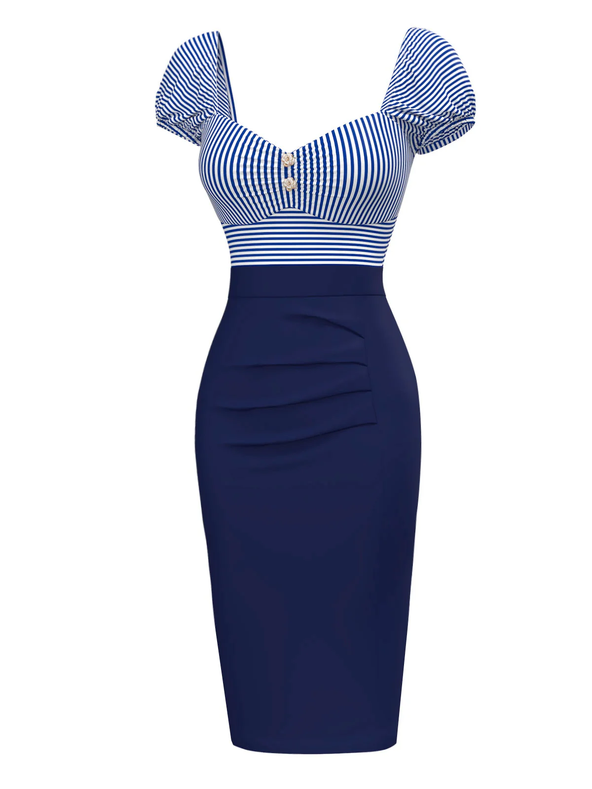 Dark Blue 1960s Striped Puff Sleeves Pencil Dress - Image 2