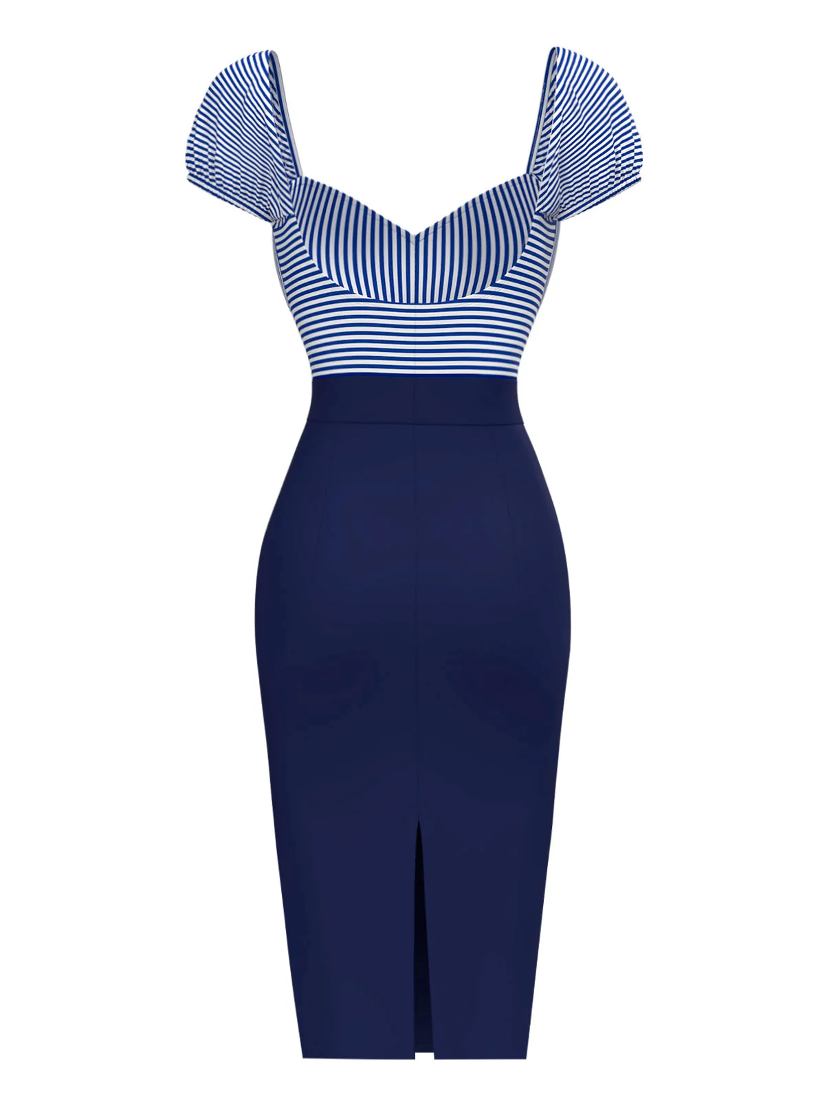 Dark Blue 1960s Striped Puff Sleeves Pencil Dress - Image 3