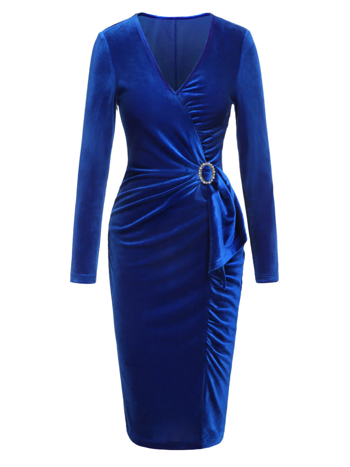 Dark Blue 1960s V-Neck Pleated Velvet Dress - Image 2