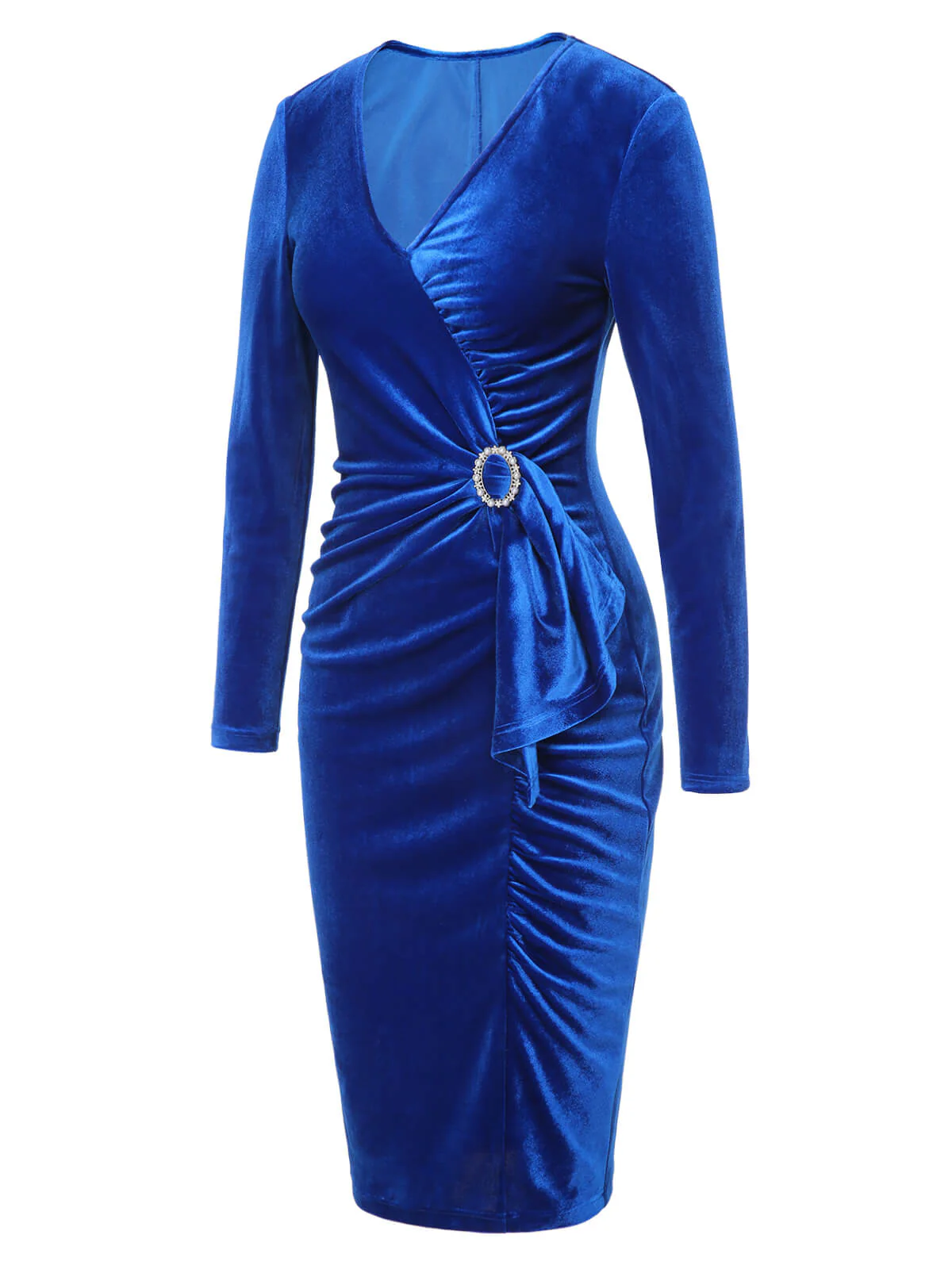Dark Blue 1960s V-Neck Pleated Velvet Dress - Image 3