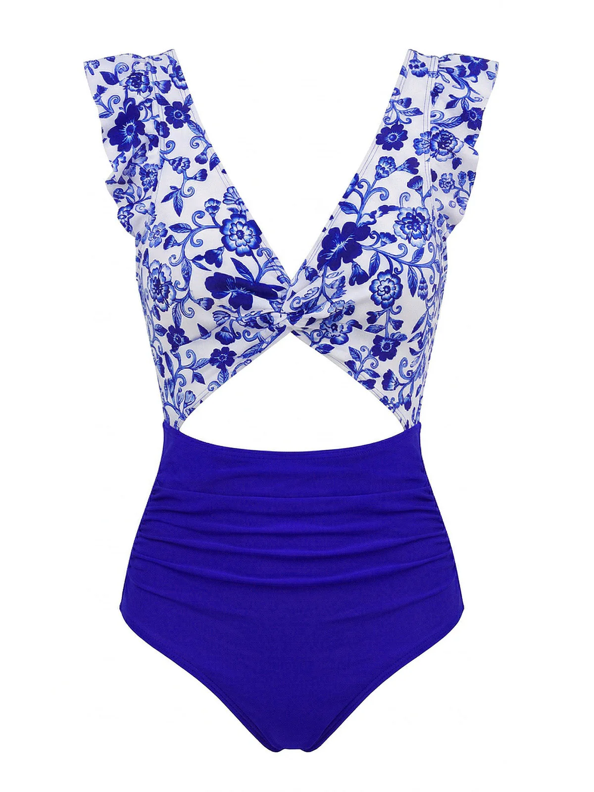 Dark Blue 1970s Porcelain Color Block One-Piece Swimsuit - Image 2