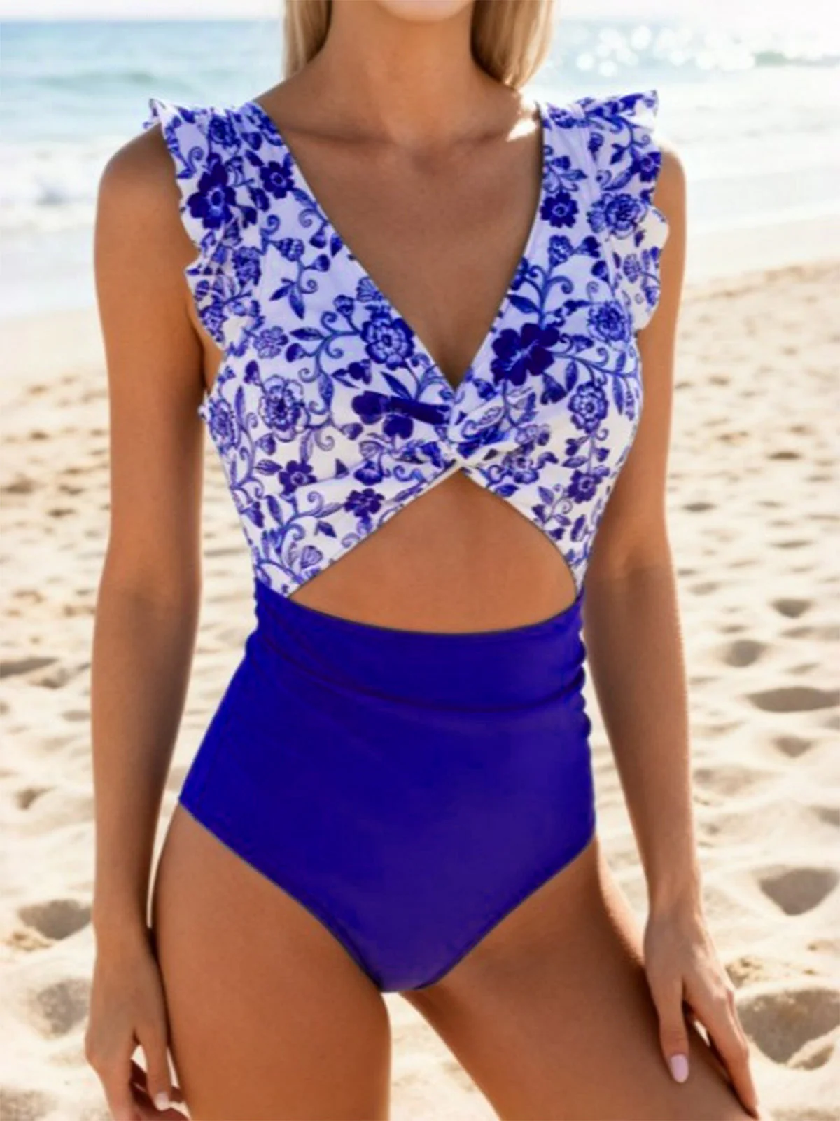 Dark Blue 1970s Porcelain Color Block One-Piece Swimsuit - Image 3