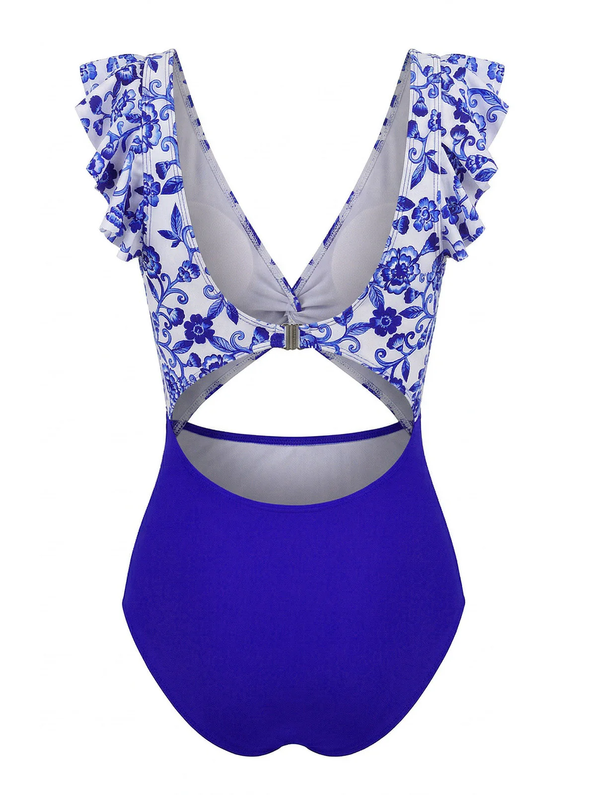 Dark Blue 1970s Porcelain Color Block One-Piece Swimsuit - Image 4