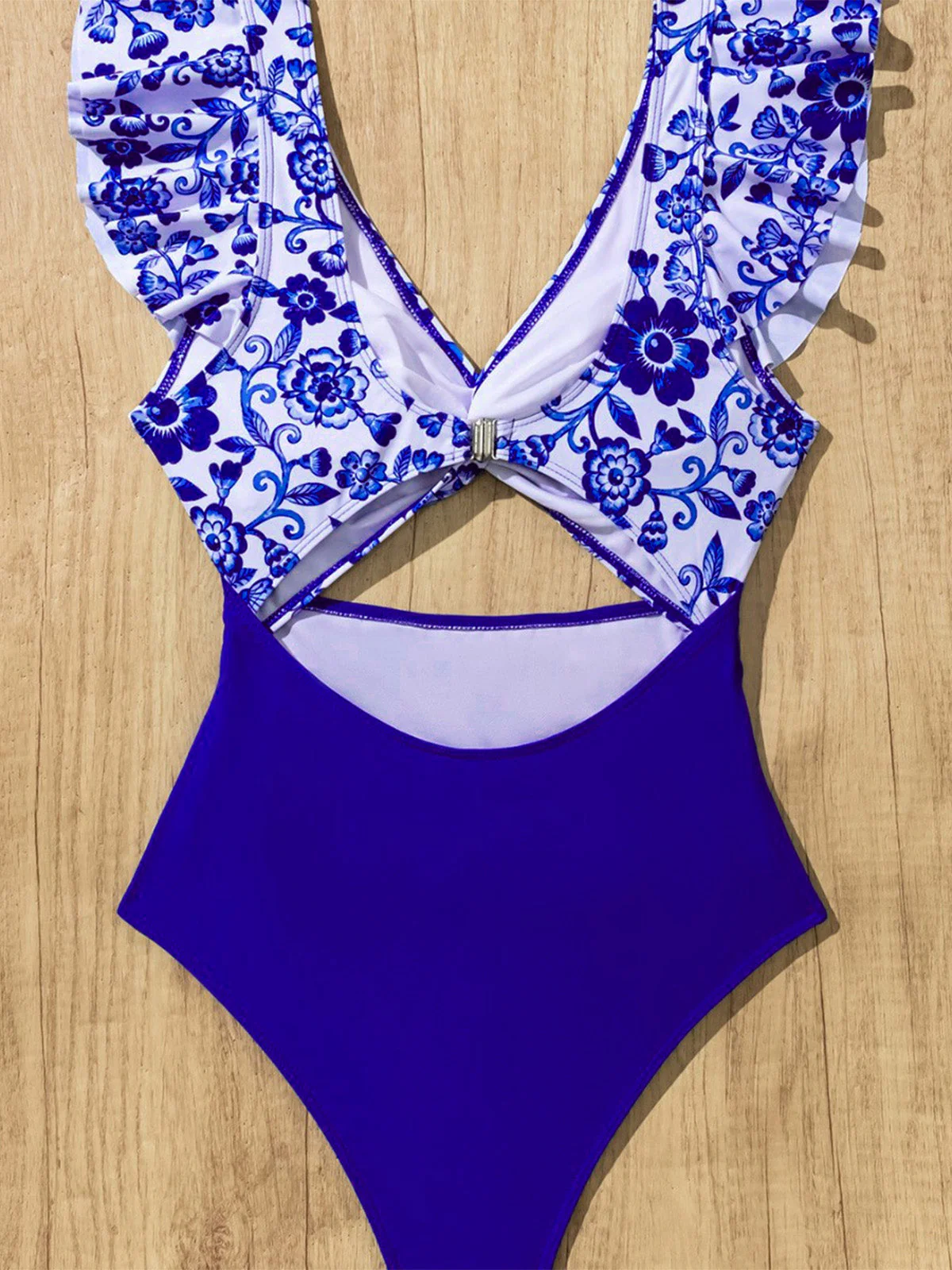 Dark Blue 1970s Porcelain Color Block One-Piece Swimsuit - Image 5
