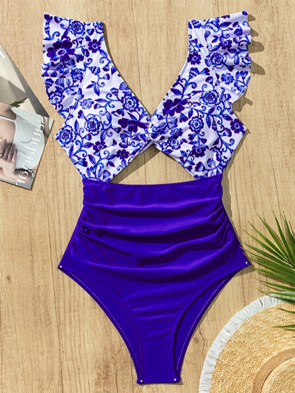 Dark Blue 1970s Porcelain Color Block One-Piece Swimsuit - Image 6