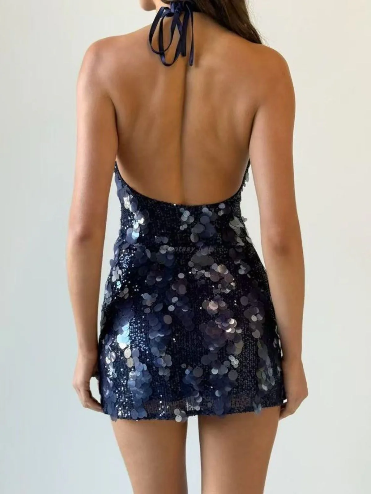 Dark Blue 2000s Solid Slip Sequined Dress - Image 4