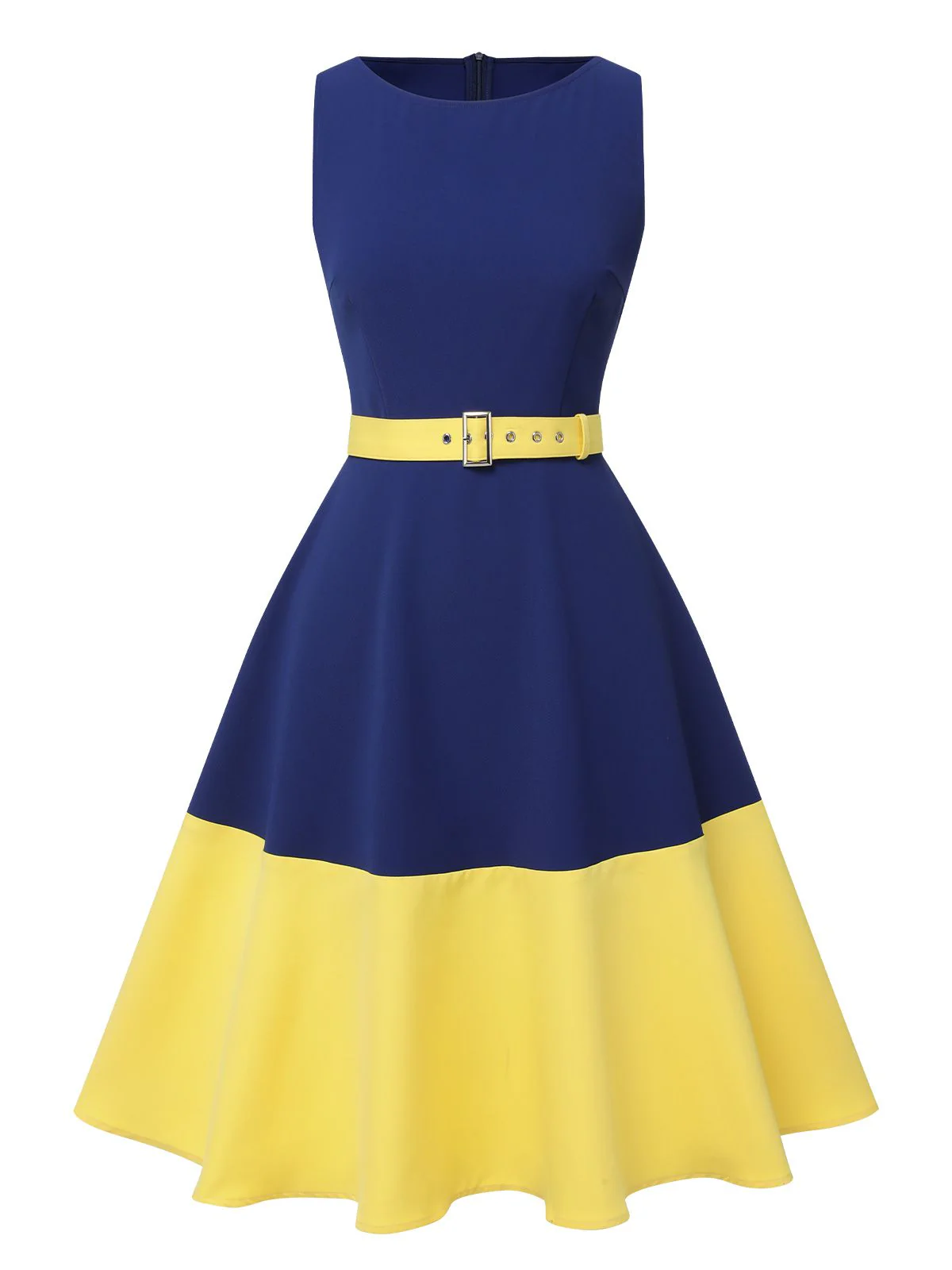 Dark Blue & Yellow 1950s Solid Boat Neck Dress - Image 2