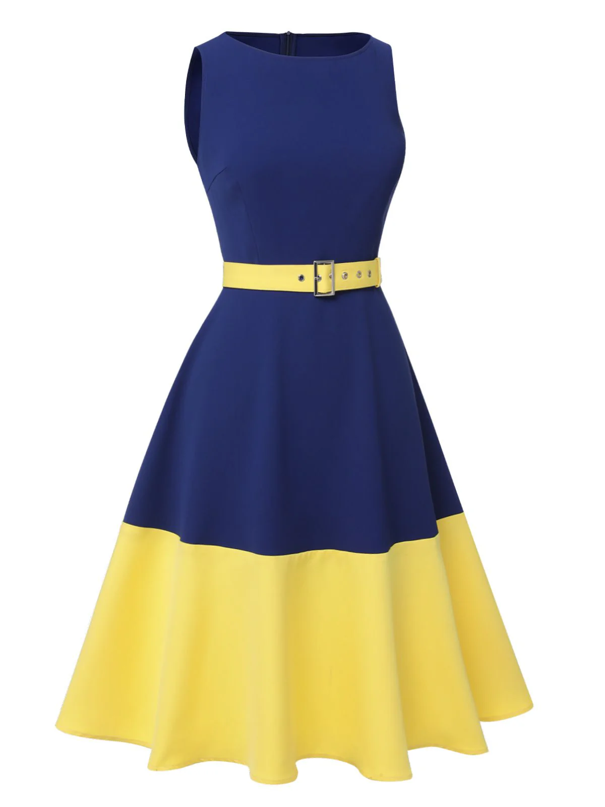 Dark Blue & Yellow 1950s Solid Boat Neck Dress - Image 3