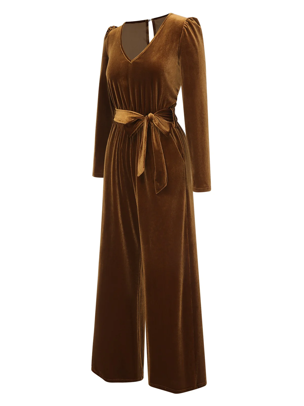 Dark Brown 1930s Solid V-Neck Velvet Jumpsuit - Image 3