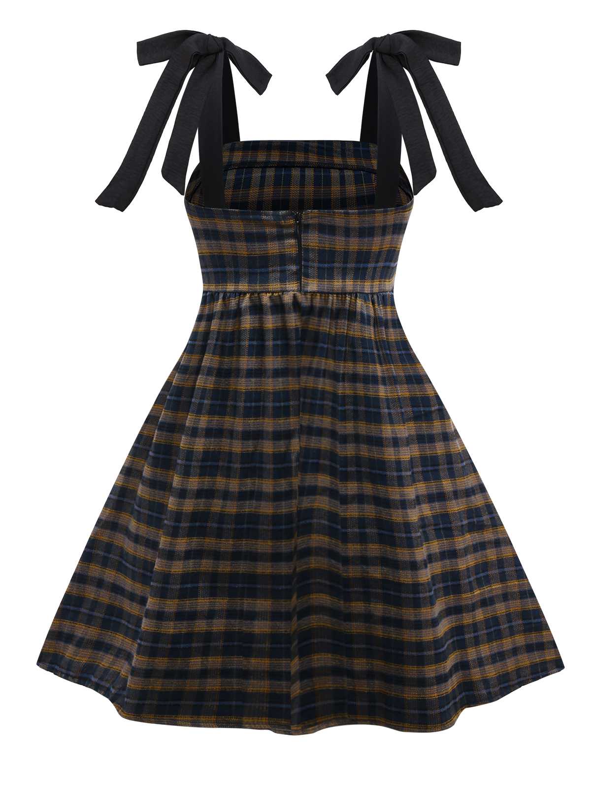 Dark Coffee 1950s Bow Strap Plaid Dress - Image 2